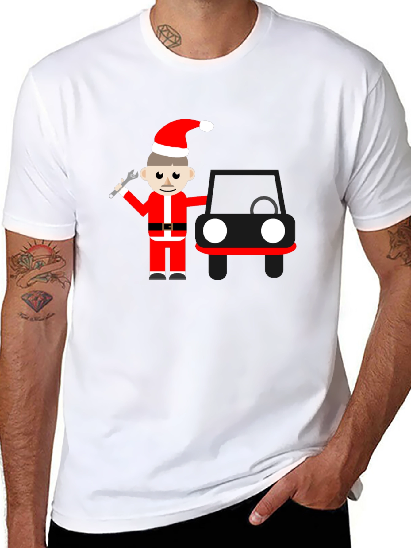 Cartoon Santa Mechanic Black T-Shirt