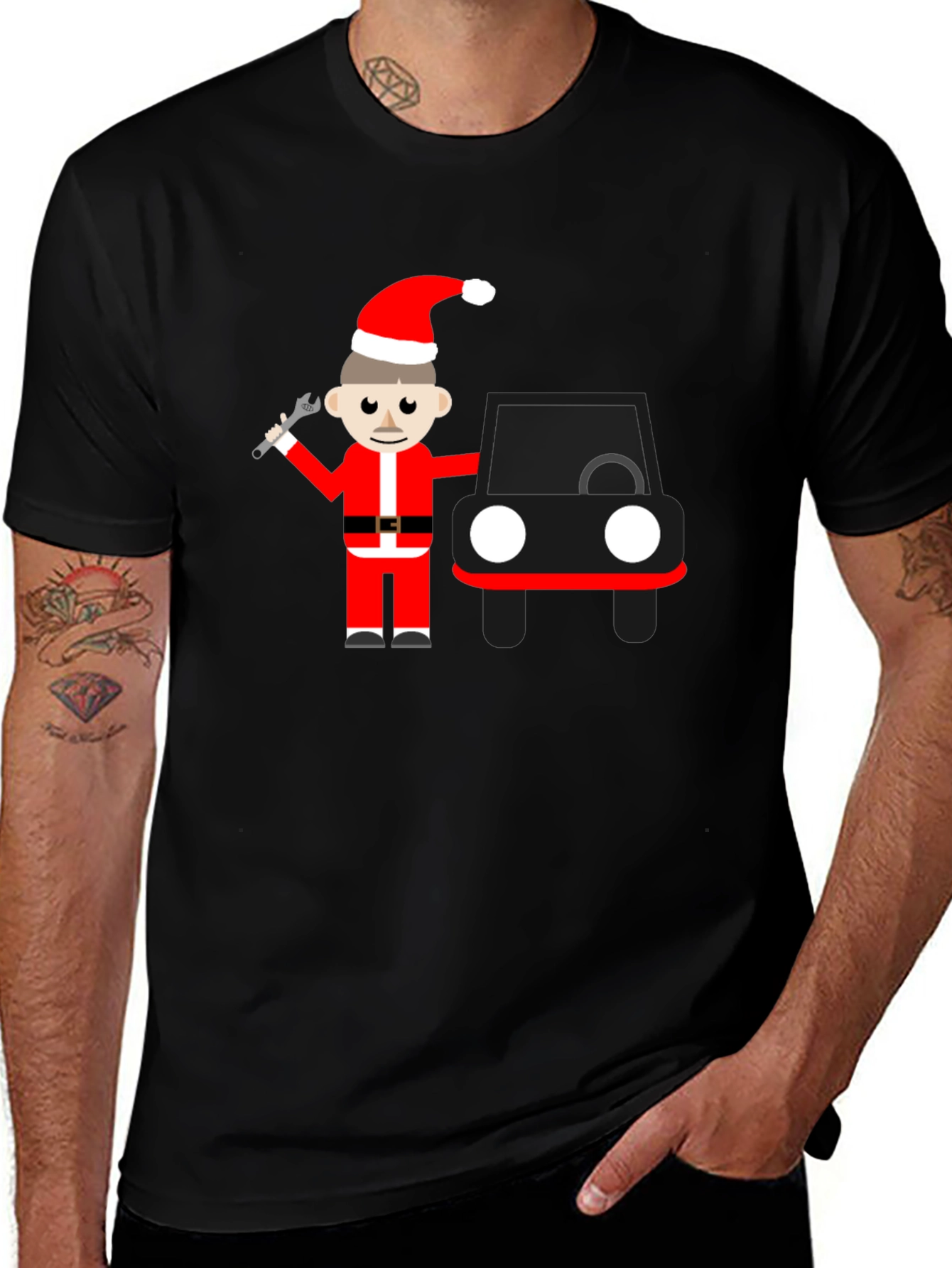 Cartoon Santa Mechanic Black T-Shirt