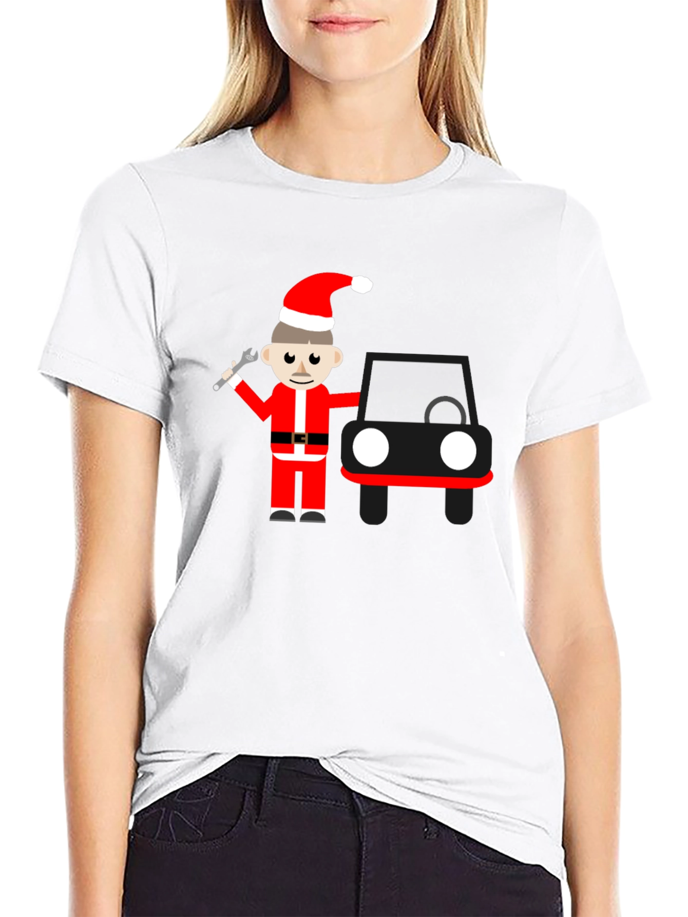 Cartoon Santa Mechanic Black T-Shirt