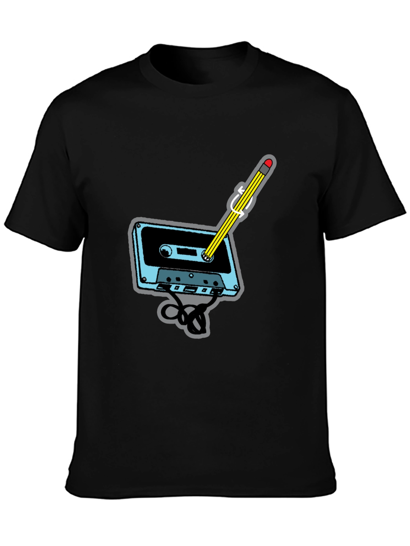 Retro Cassette Tape & Pencil Black T-Shirt