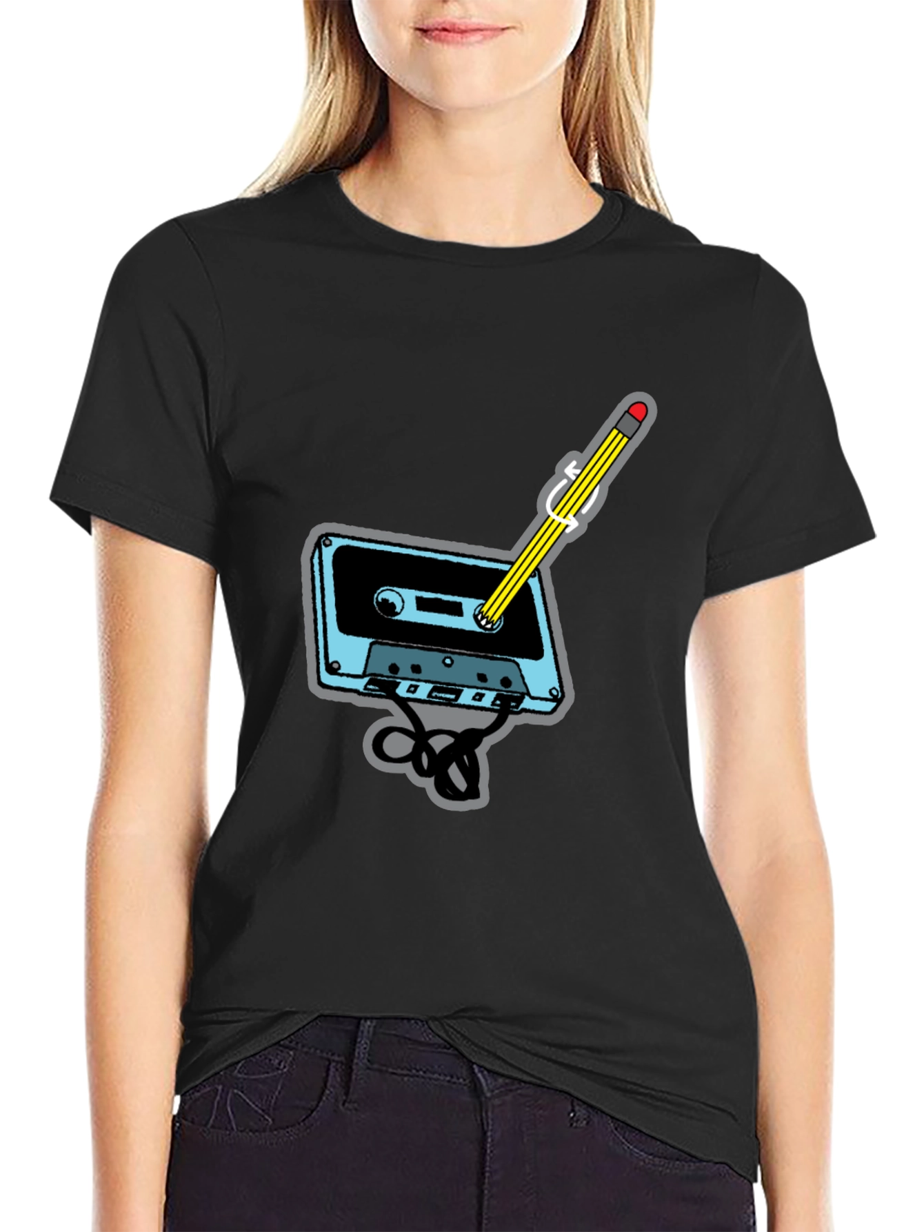 Retro Cassette Tape & Pencil Black T-Shirt
