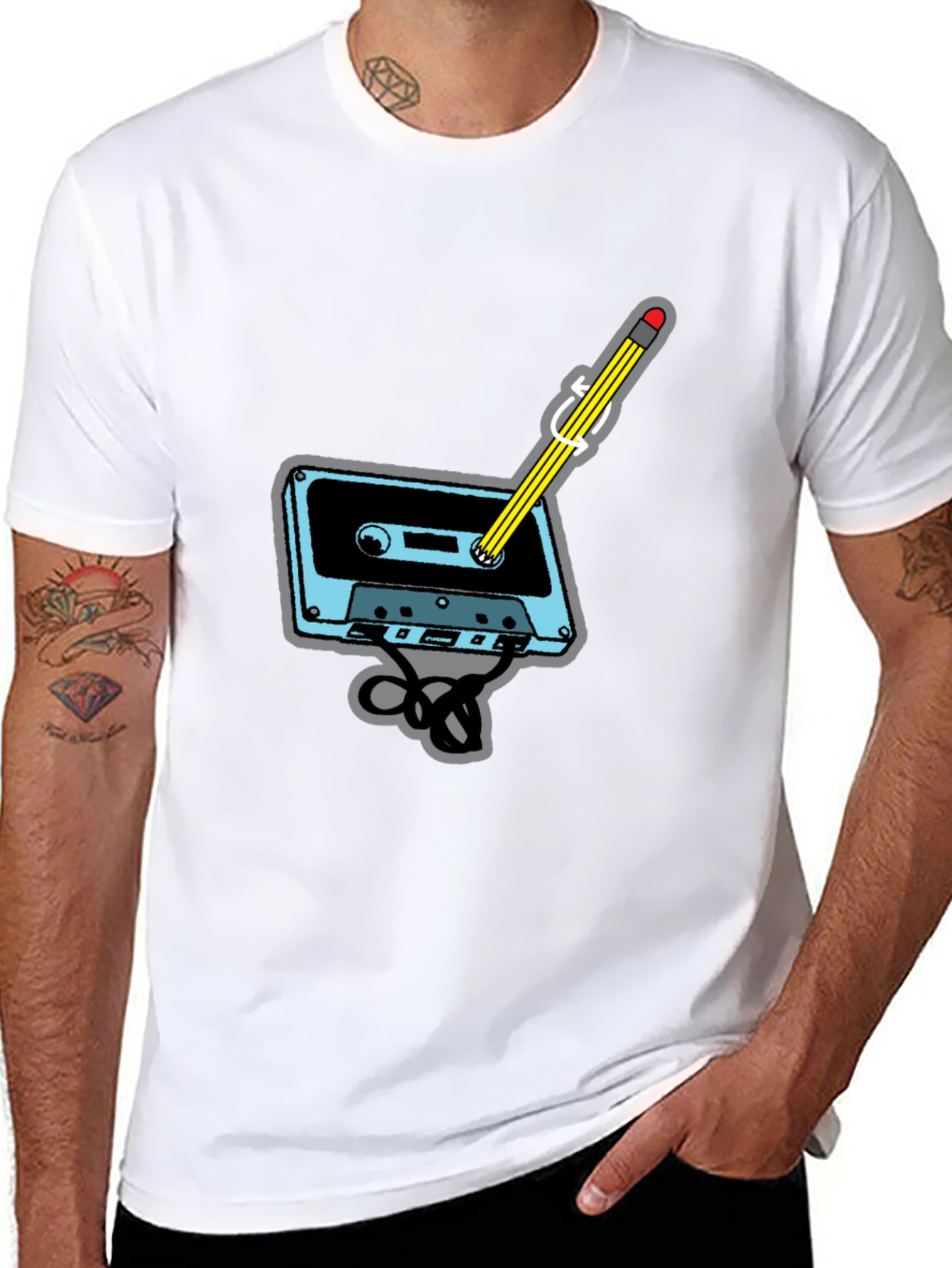 Retro Cassette Tape & Pencil Black T-Shirt