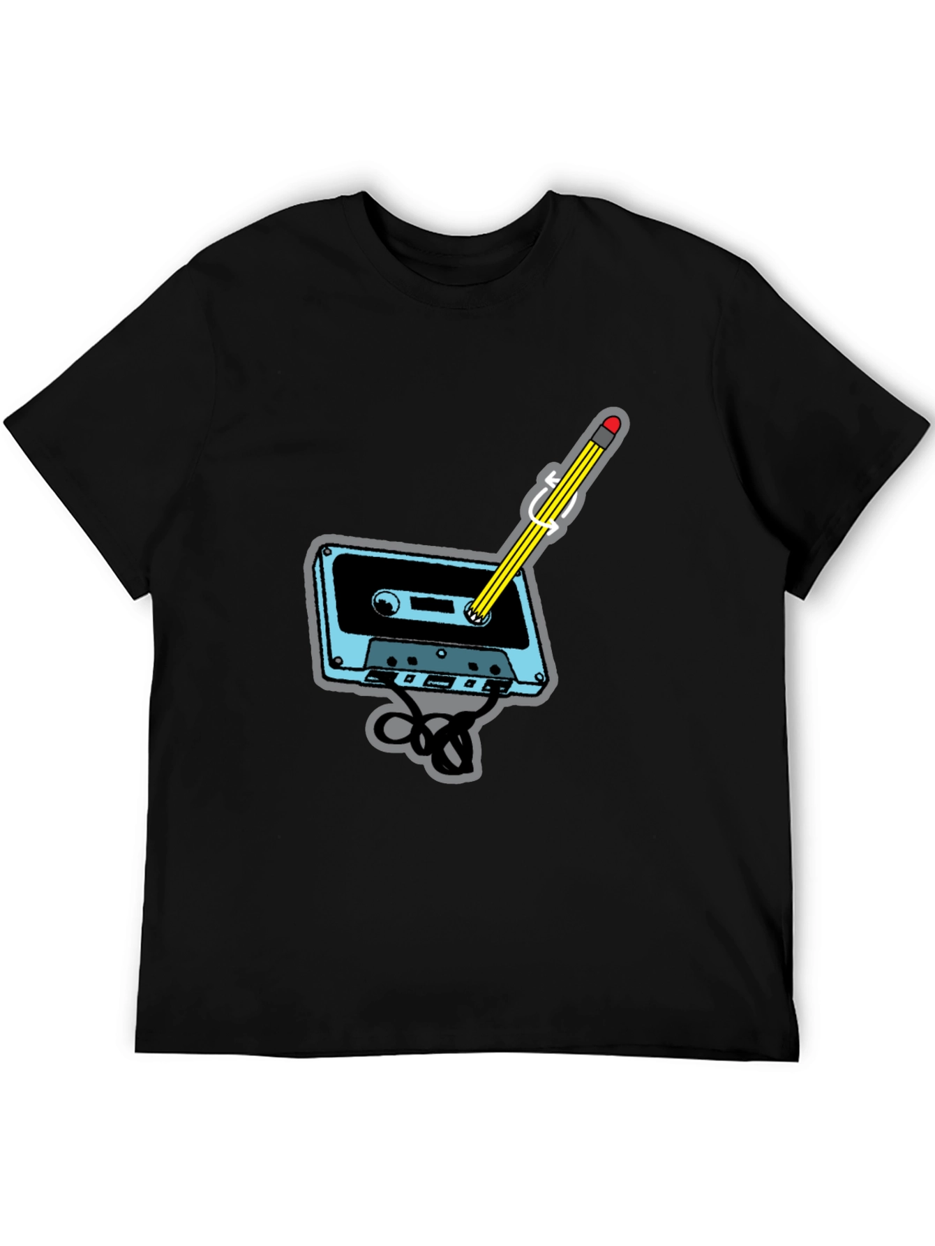 Retro Cassette Tape & Pencil Black T-Shirt