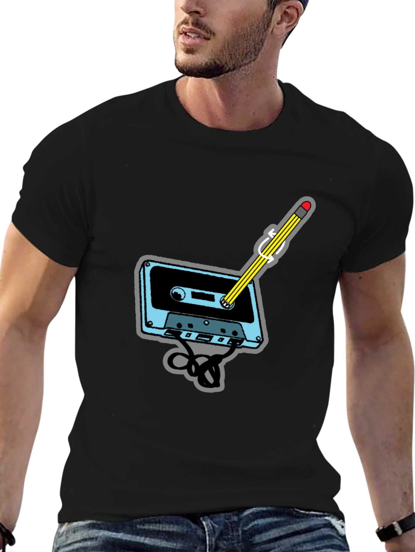 Retro Cassette Tape & Pencil Black T-Shirt