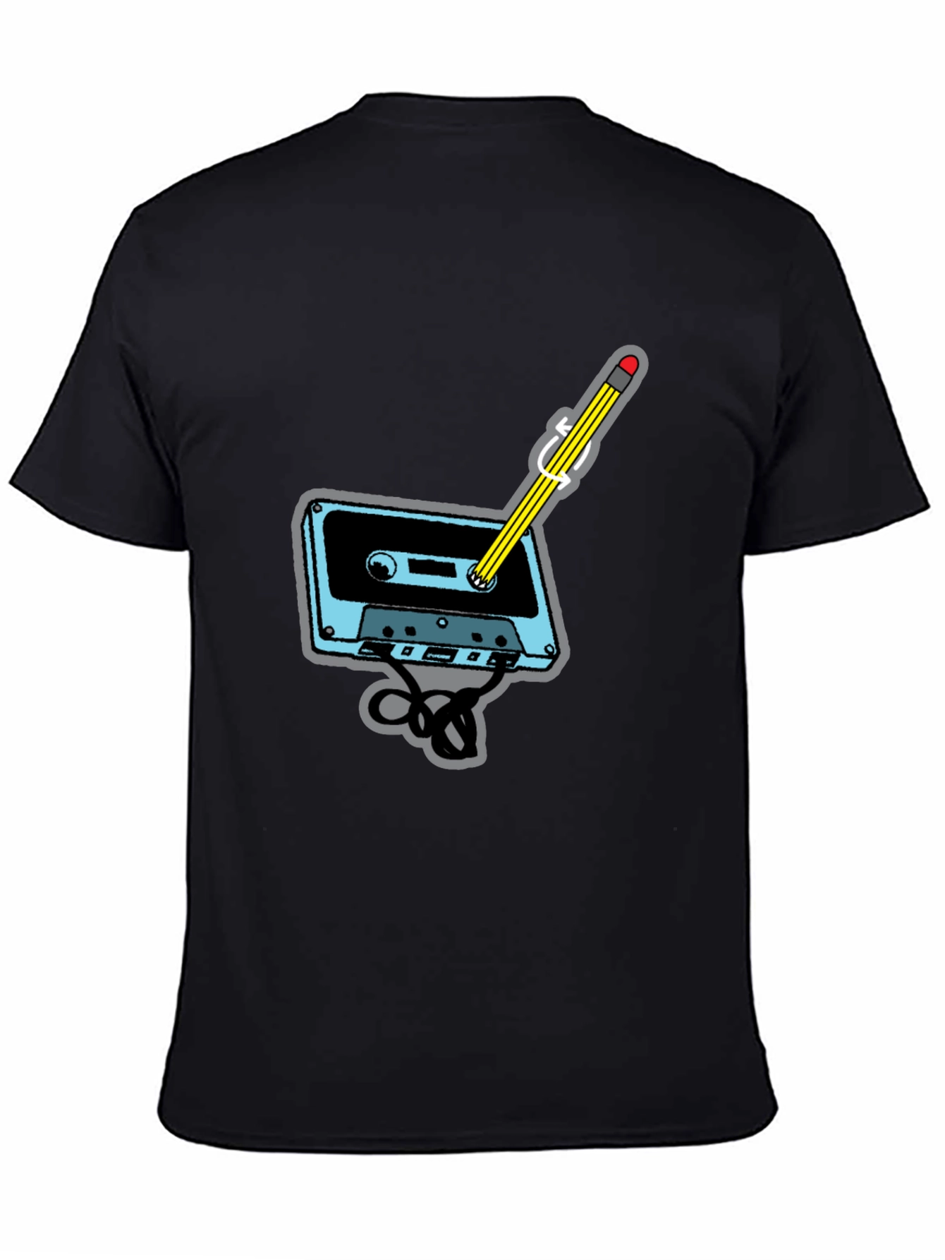Retro Cassette Tape & Pencil Black T-Shirt
