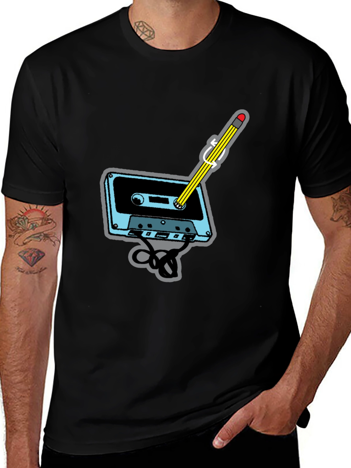 Retro Cassette Tape & Pencil Black T-Shirt