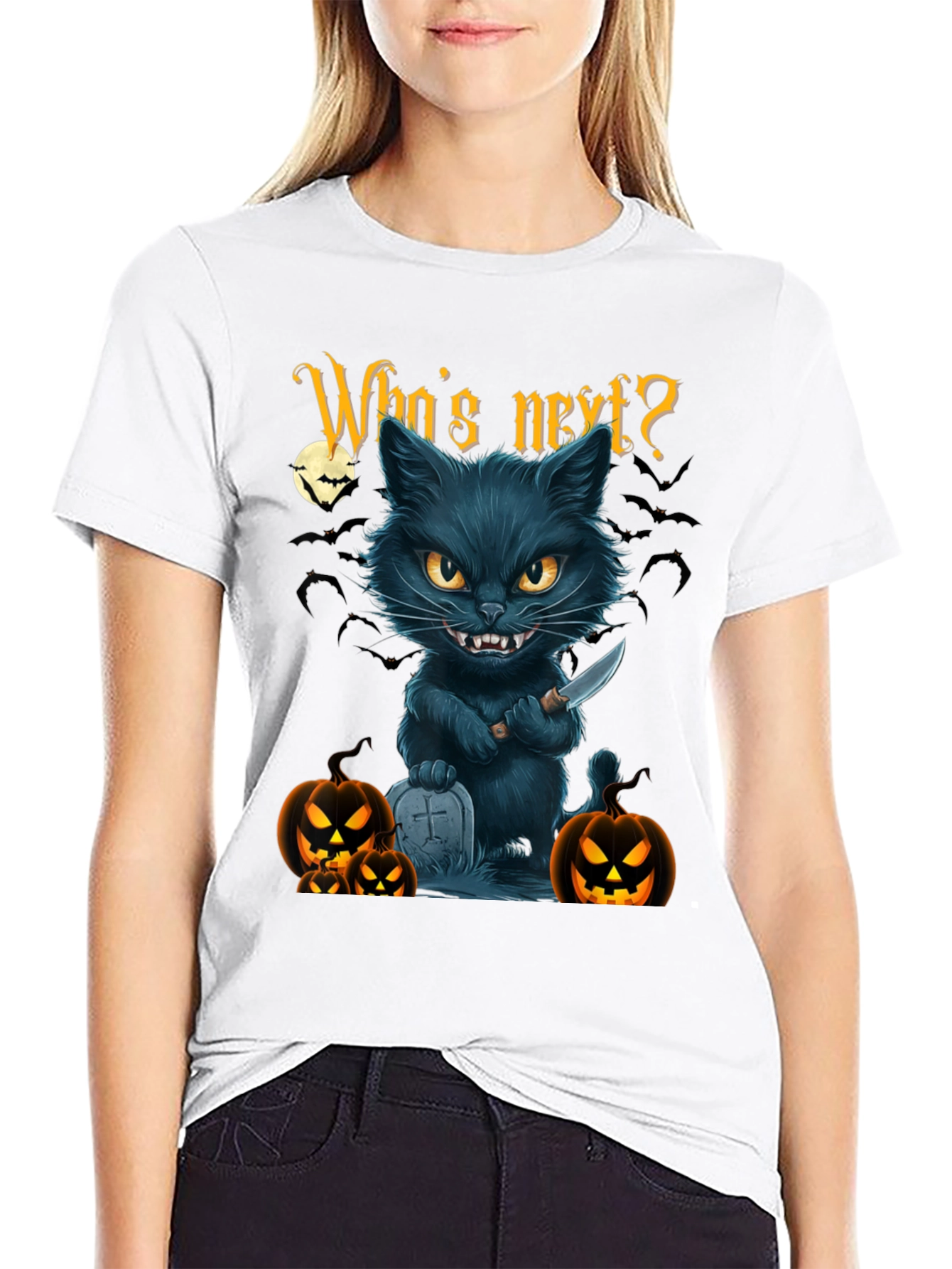 Halloween Cat T-Shirt - Whos Next? Black Tee