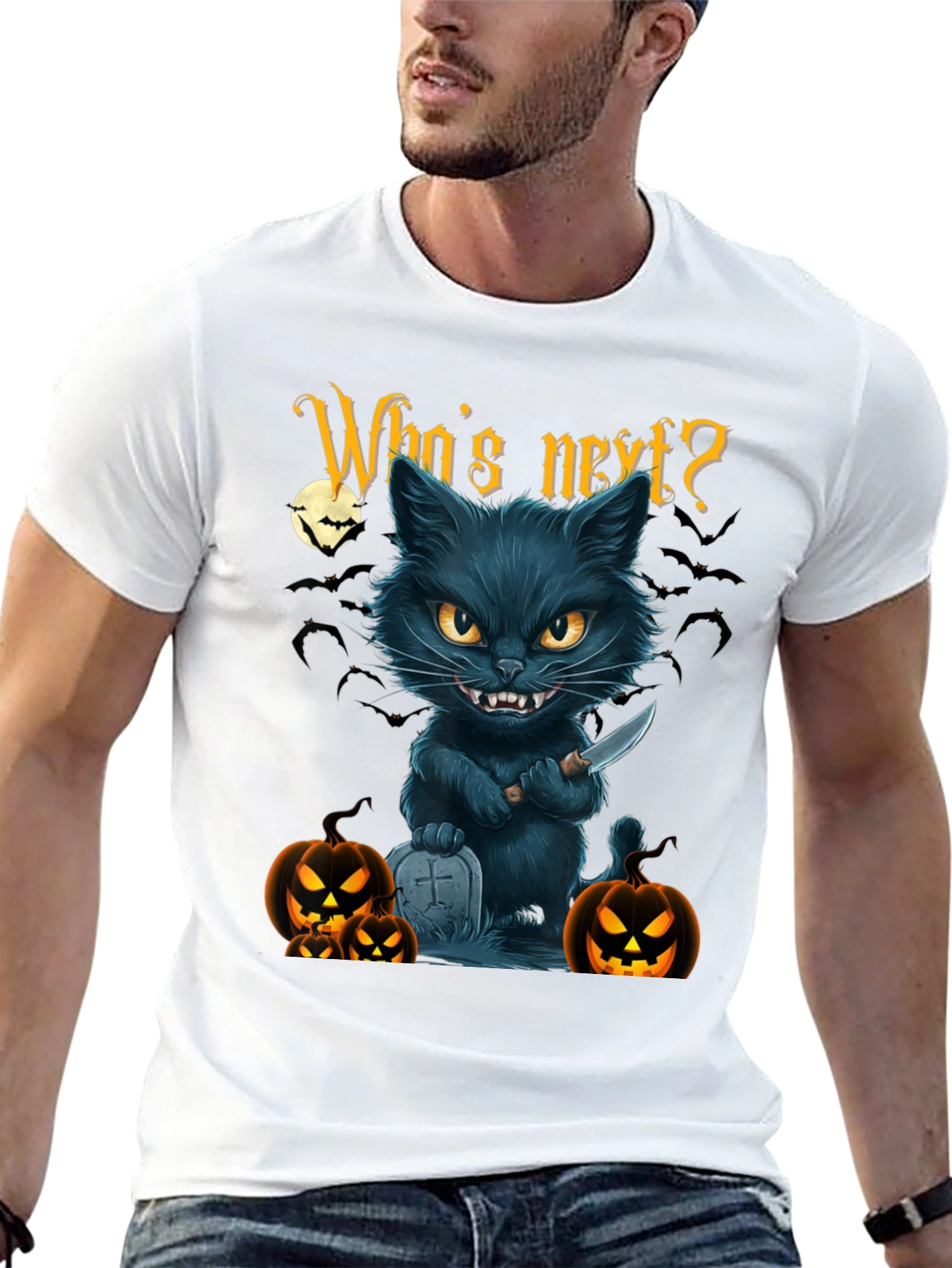 Halloween Cat T-Shirt - Whos Next? Black Tee