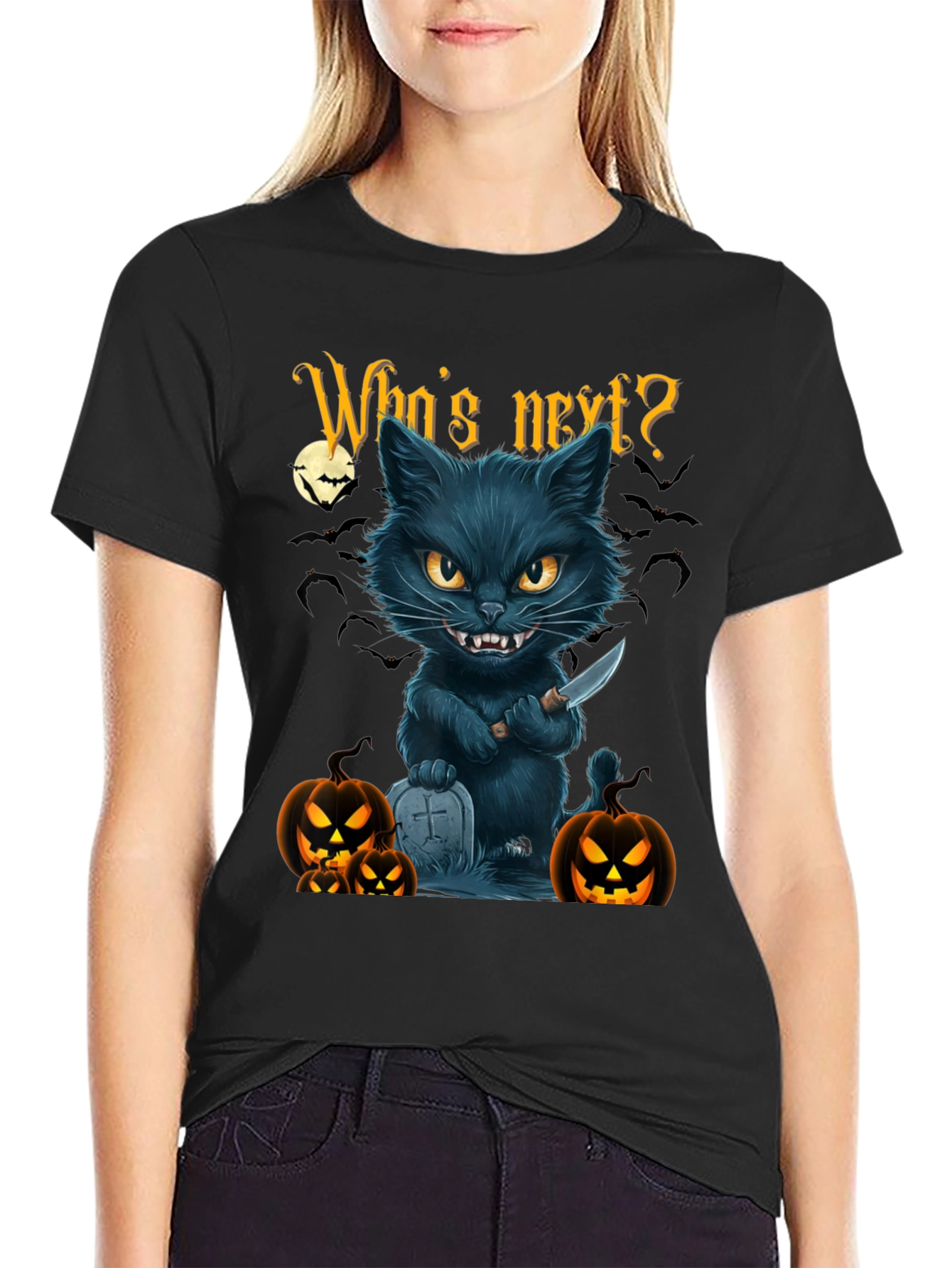 Halloween Cat T-Shirt - Whos Next? Black Tee