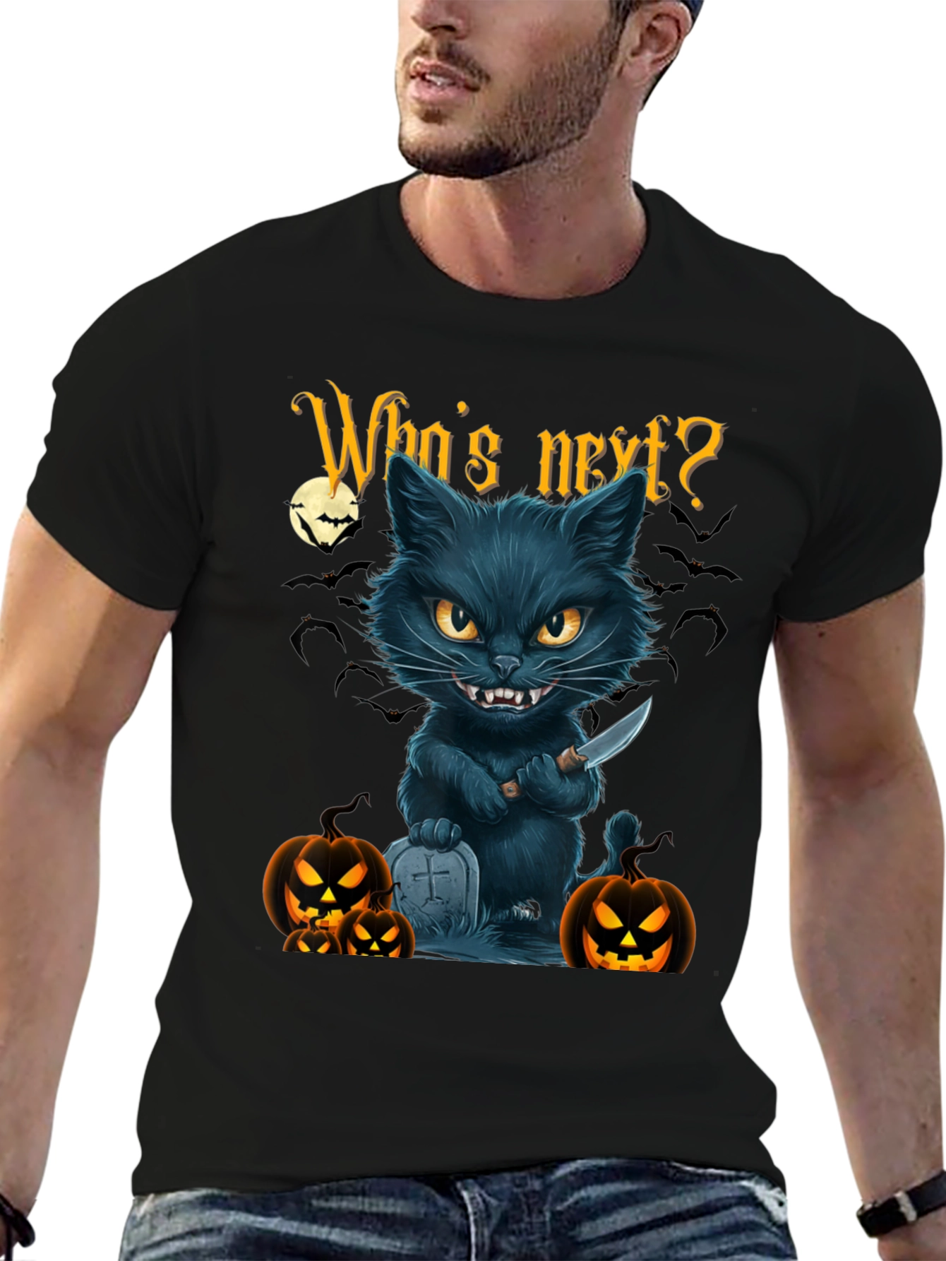 Halloween Cat T-Shirt - Whos Next? Black Tee