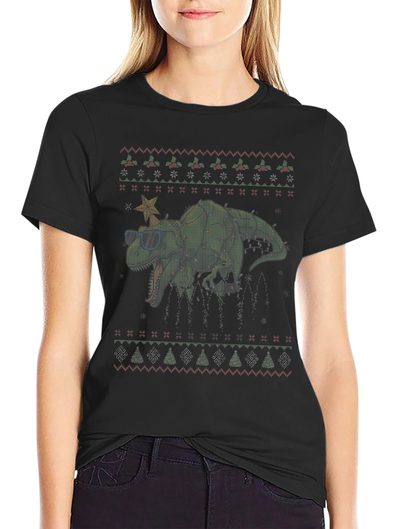 Festive Dinosaur Christmas Sweater T-Shirt