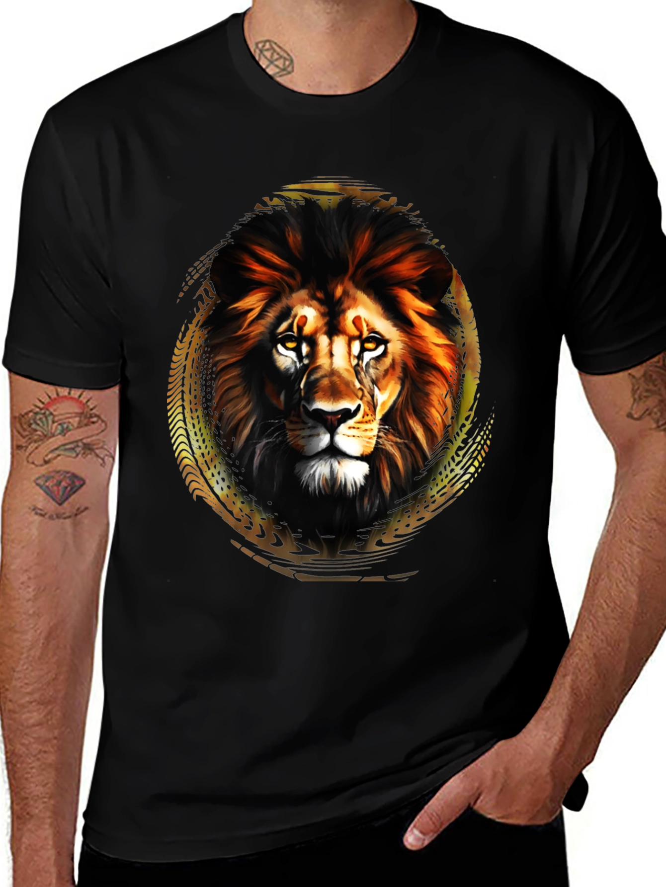 Lion Graphic Tee - Black Crew Neck Shirt