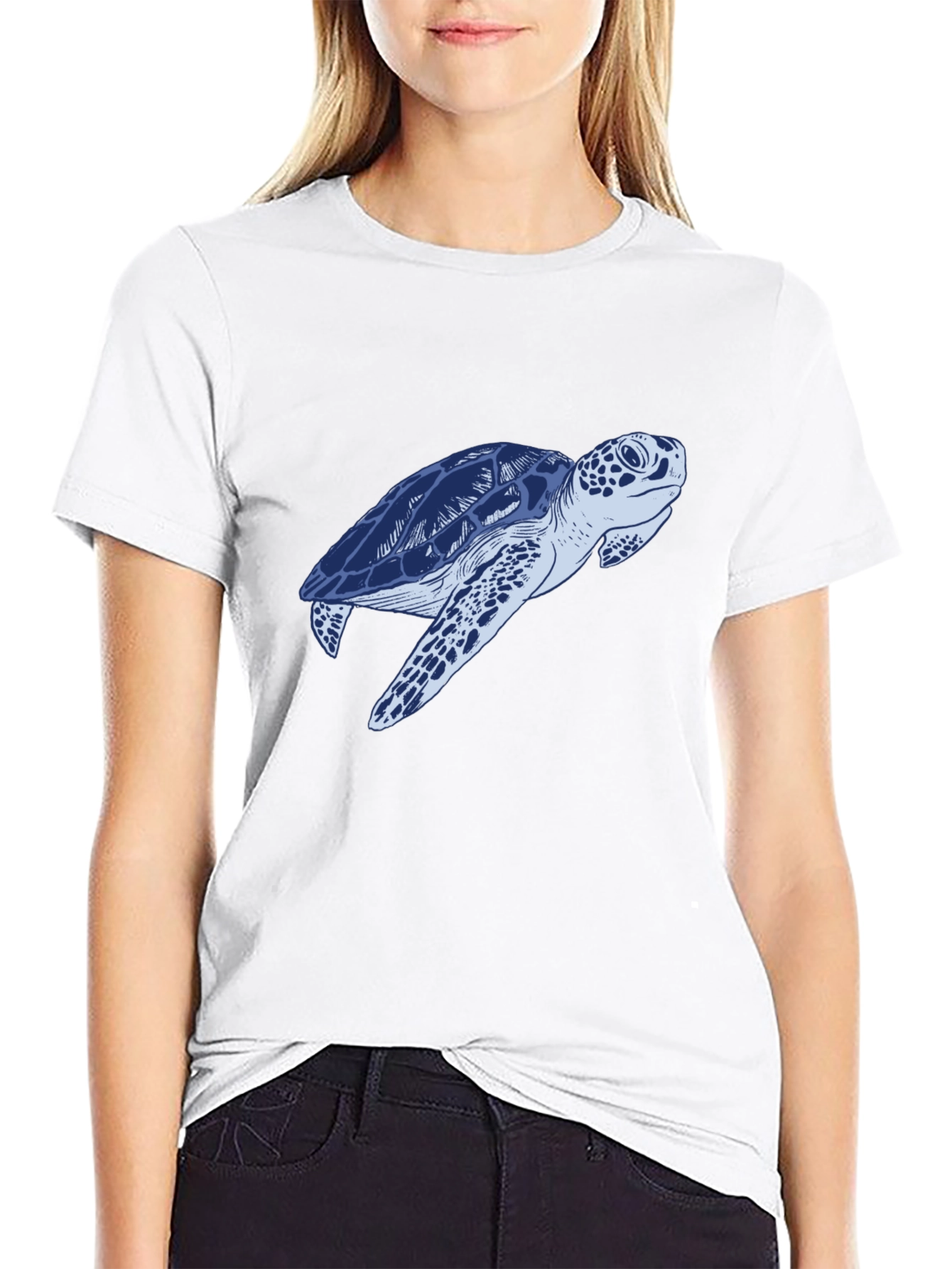Blue Sea Turtle Graphic Print Black T-Shirt