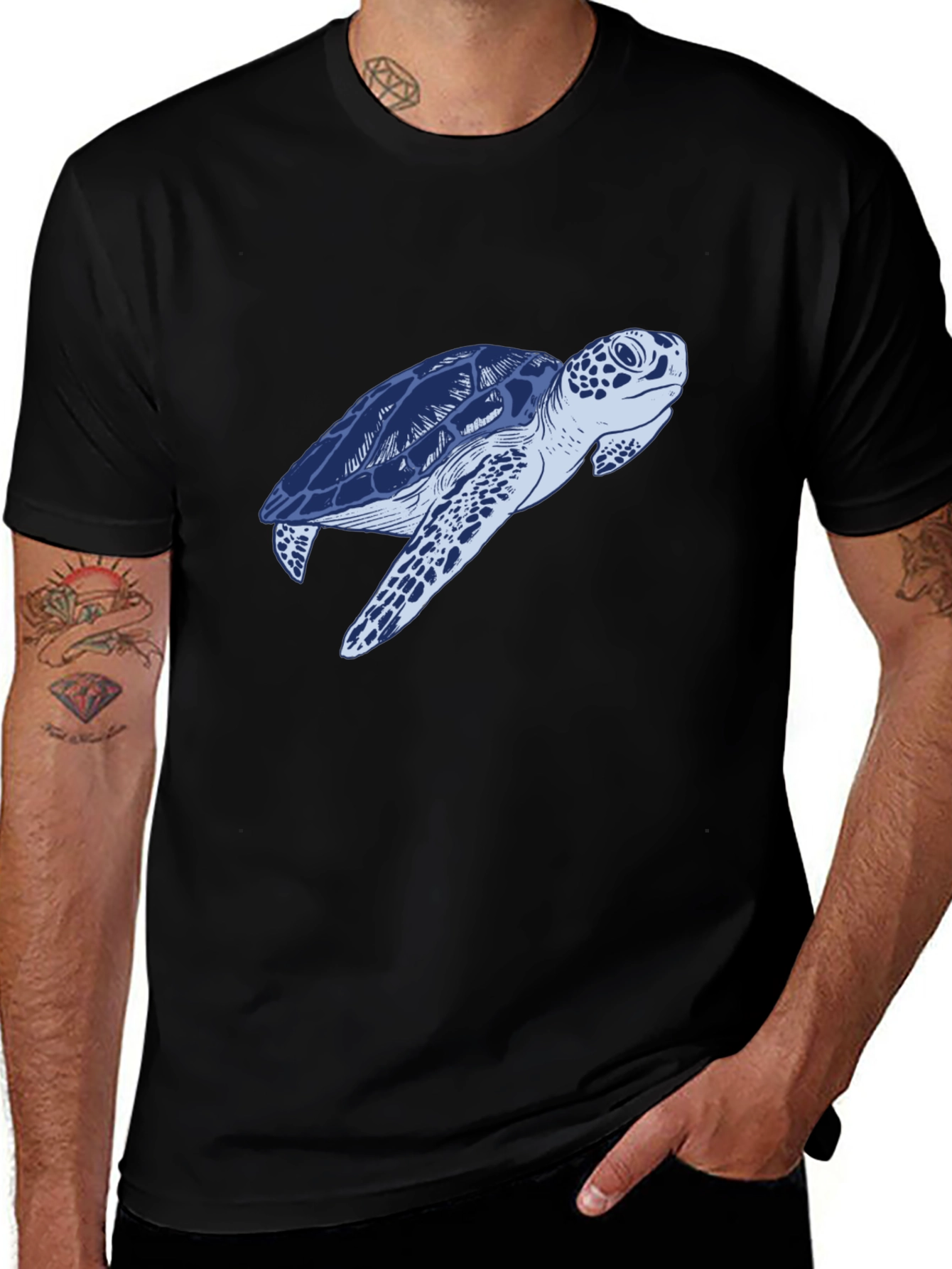 Blue Sea Turtle Graphic Print Black T-Shirt