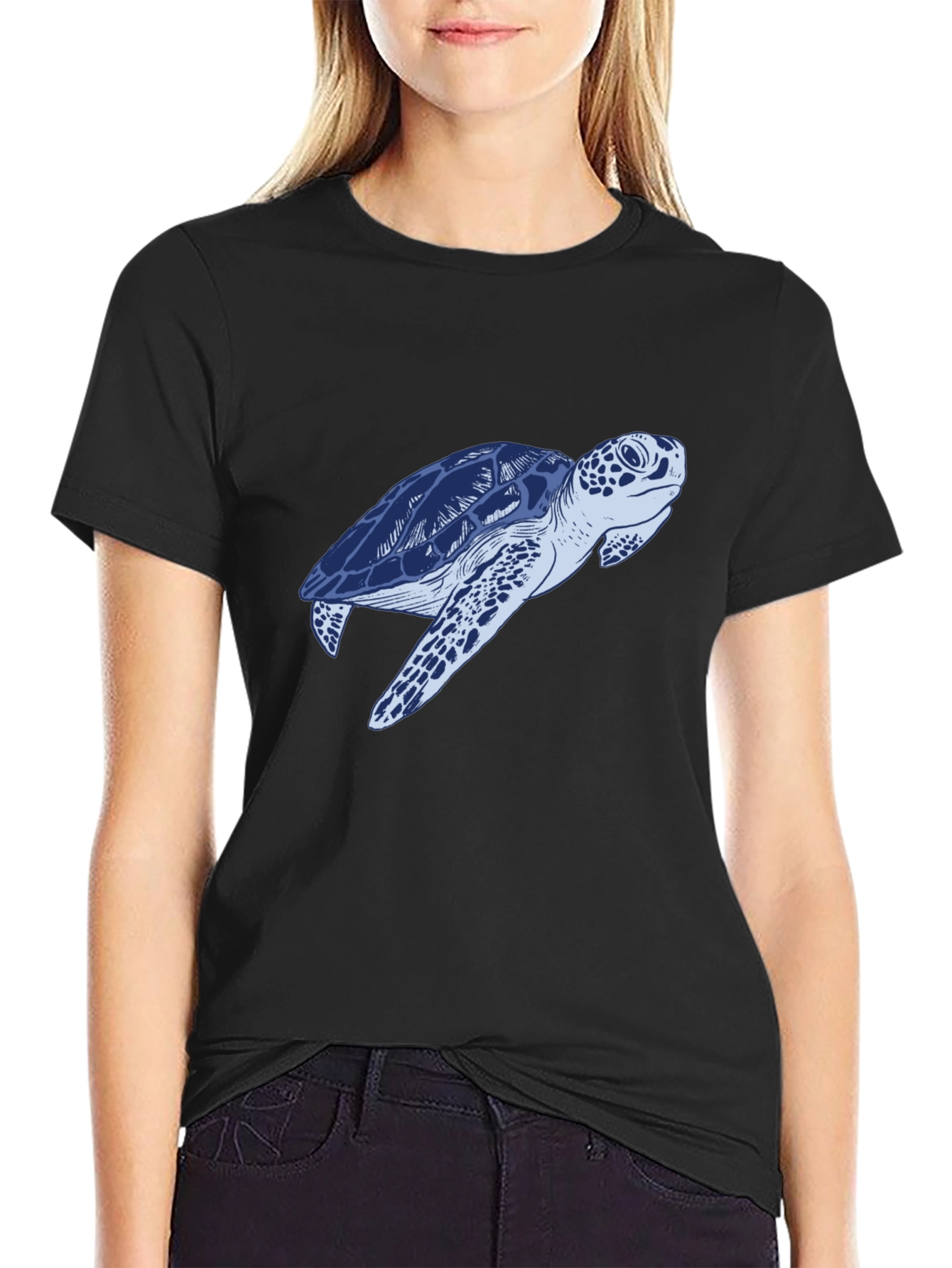 Blue Sea Turtle Graphic Print Black T-Shirt