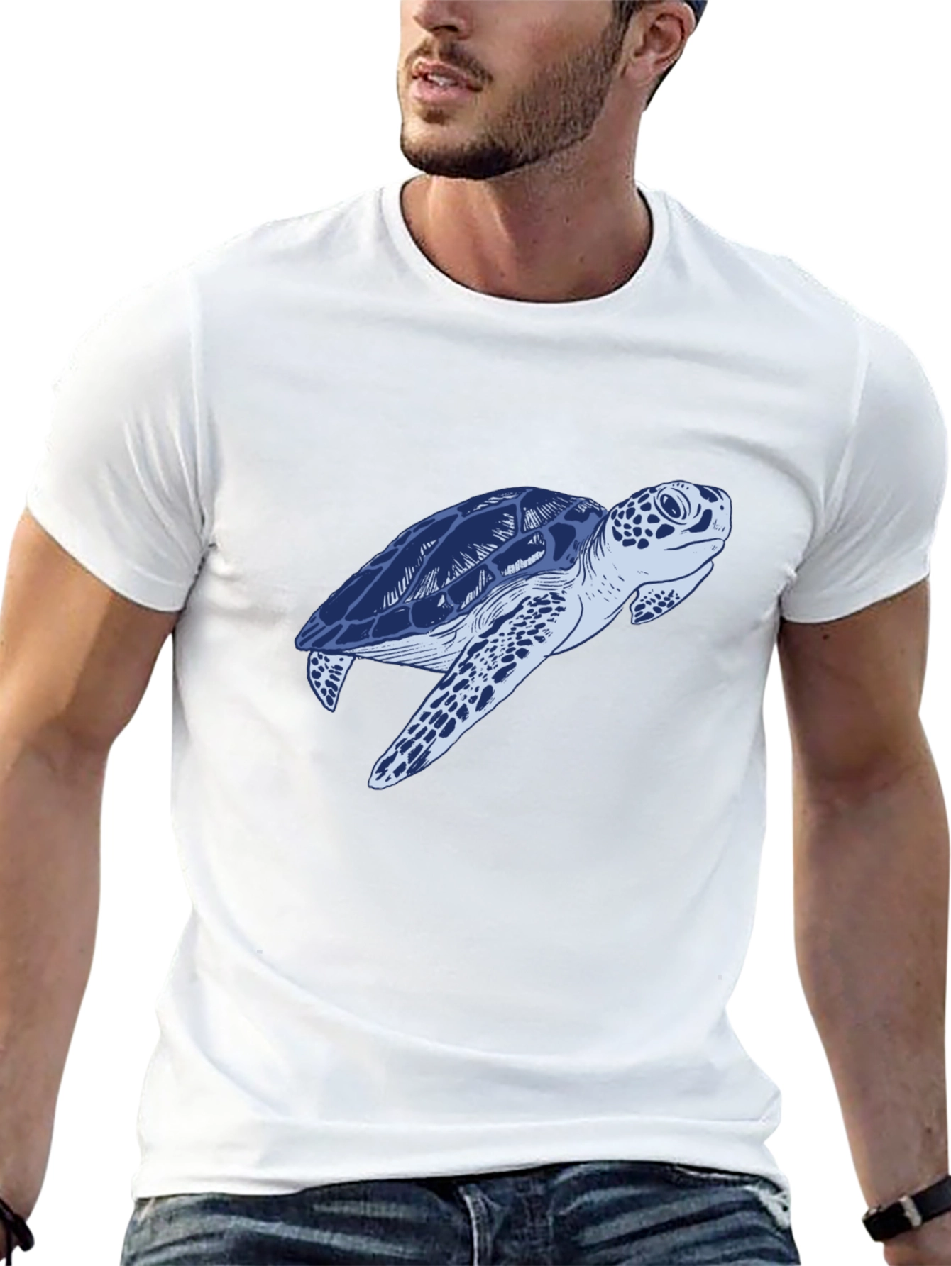 Blue Sea Turtle Graphic Print Black T-Shirt