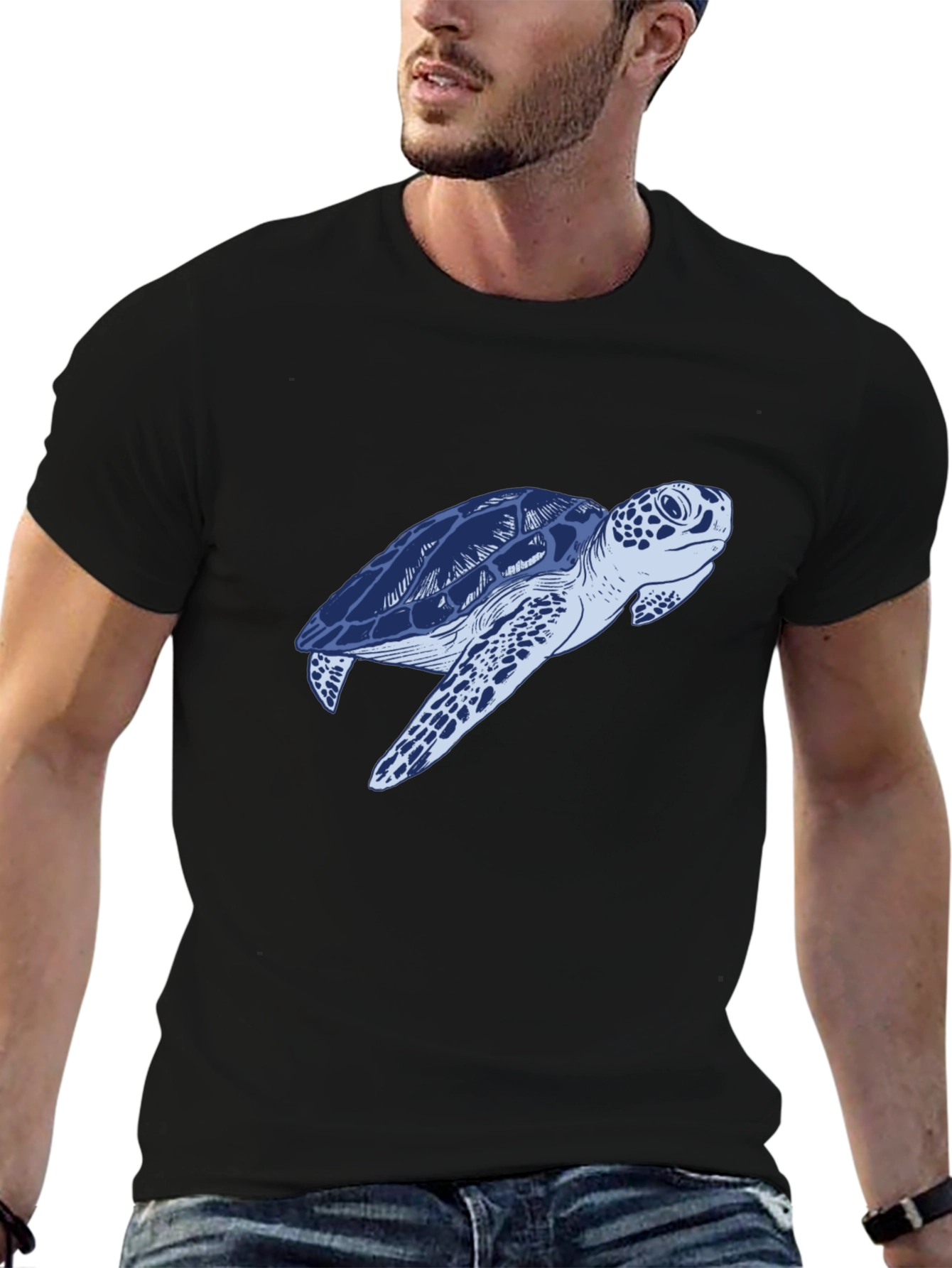 Blue Sea Turtle Graphic Print Black T-Shirt