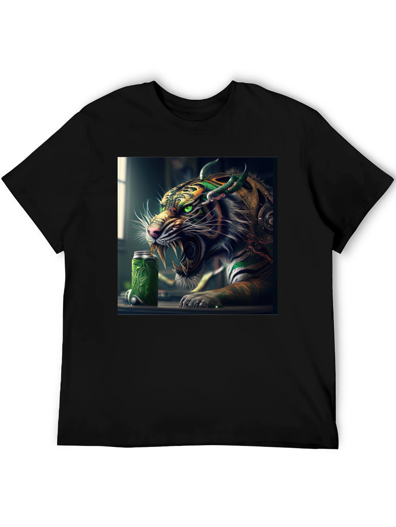 Tiger Green Drink Can Black T-Shirt