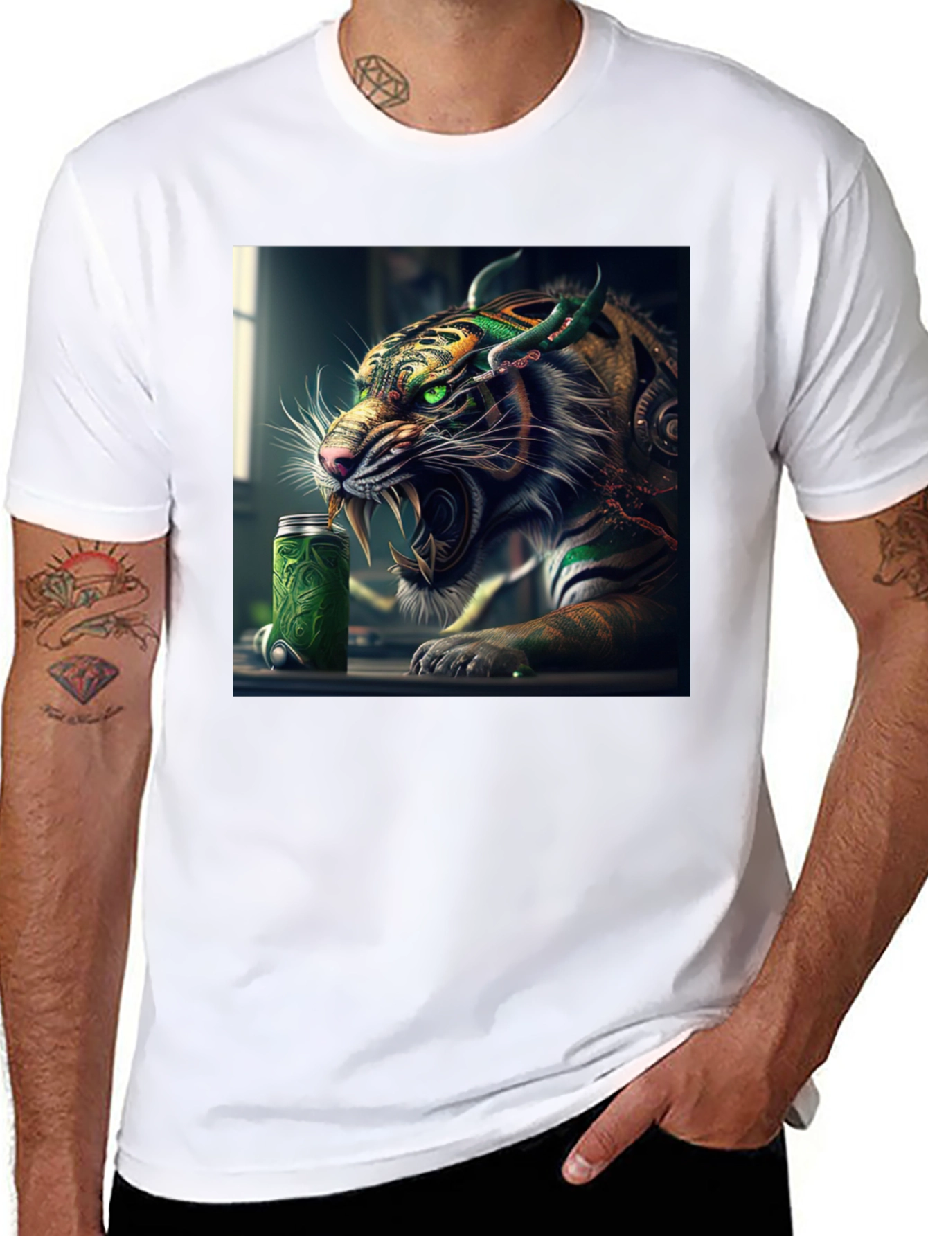 Tiger Green Drink Can Black T-Shirt