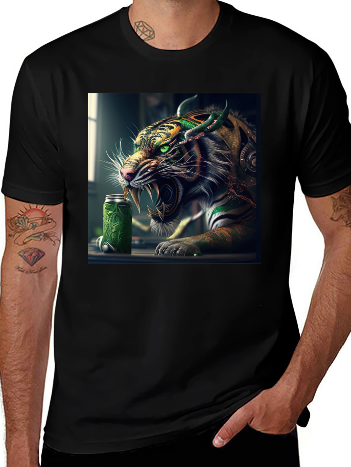 Tiger Green Drink Can Black T-Shirt