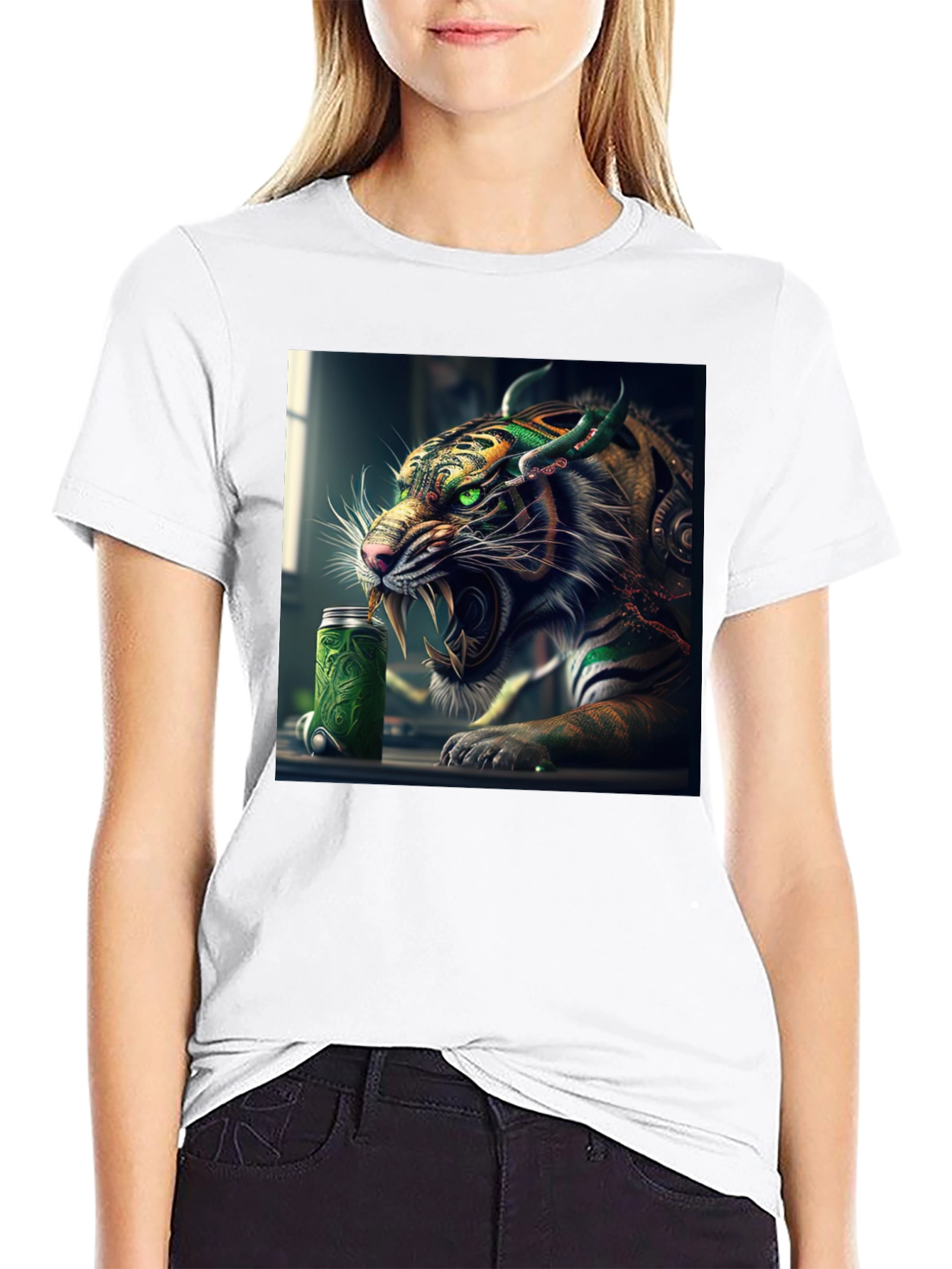 Tiger Green Drink Can Black T-Shirt
