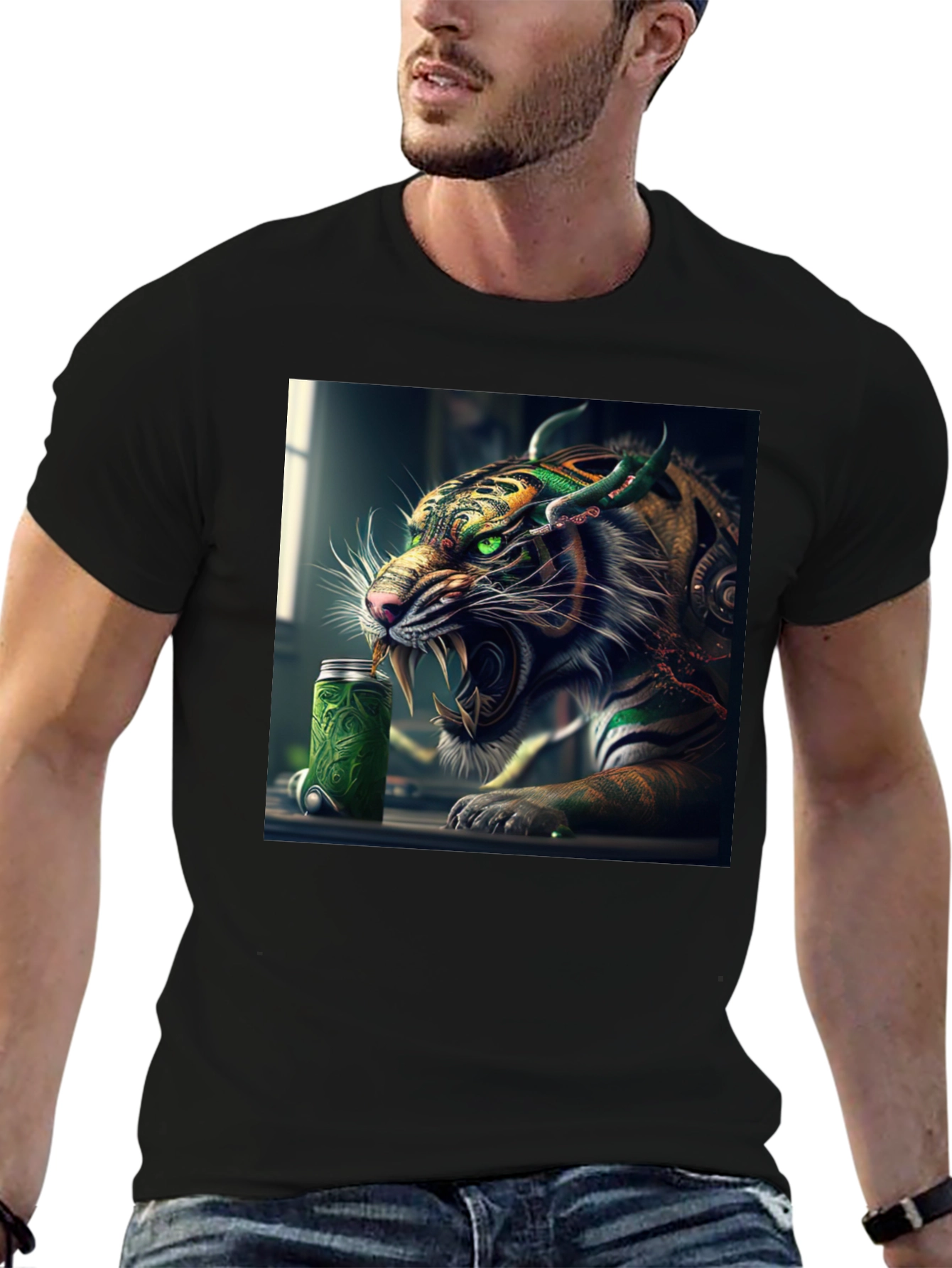 Tiger Green Drink Can Black T-Shirt