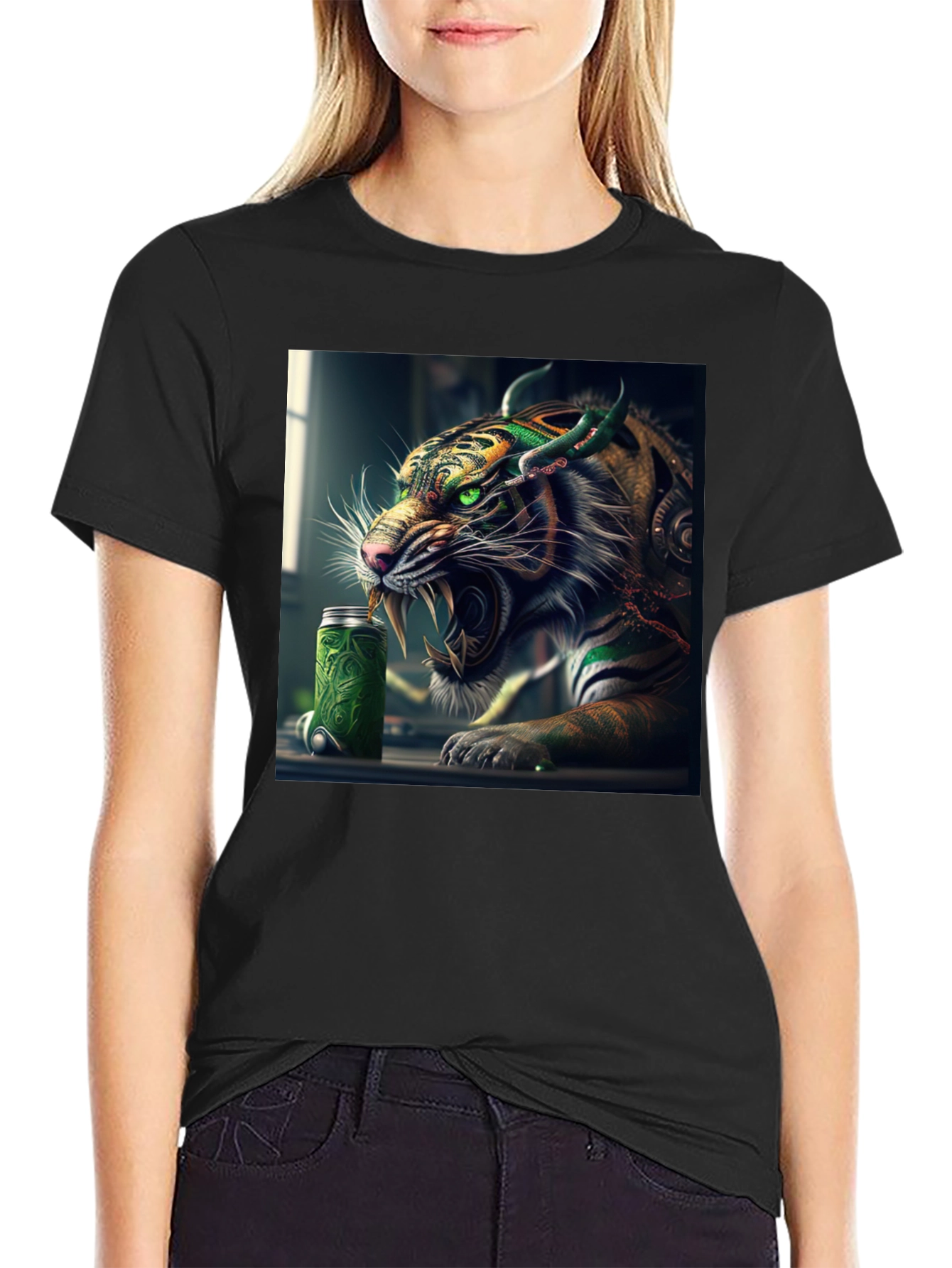 Tiger Green Drink Can Black T-Shirt