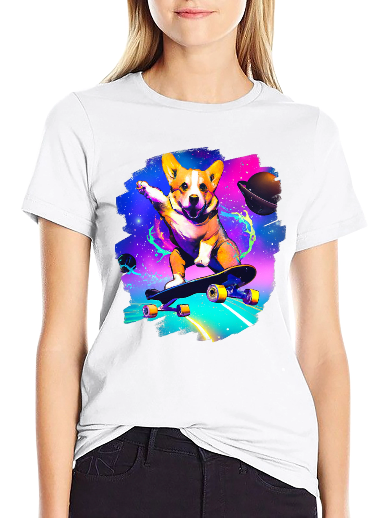 Skateboarding Corgi Galaxy T-Shirt