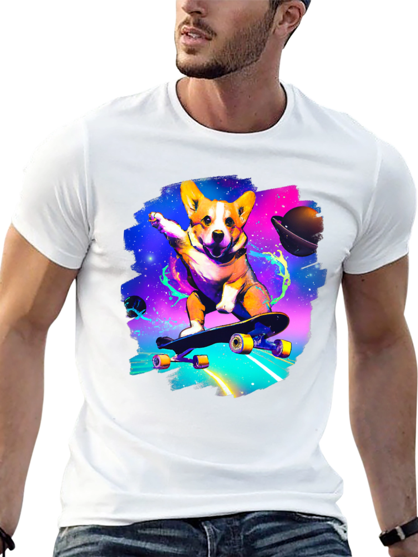 Skateboarding Corgi Galaxy T-Shirt
