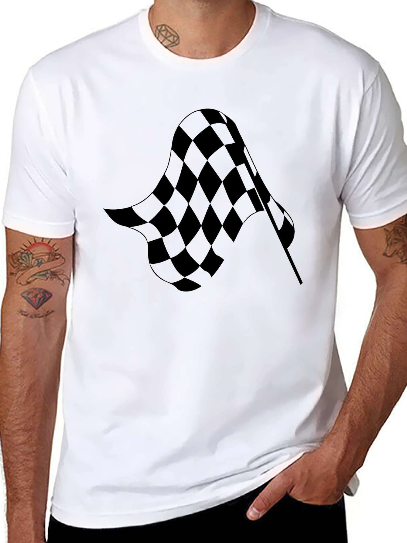 Checkered Flag Graphic Tee - Black Cotton T-Shirt