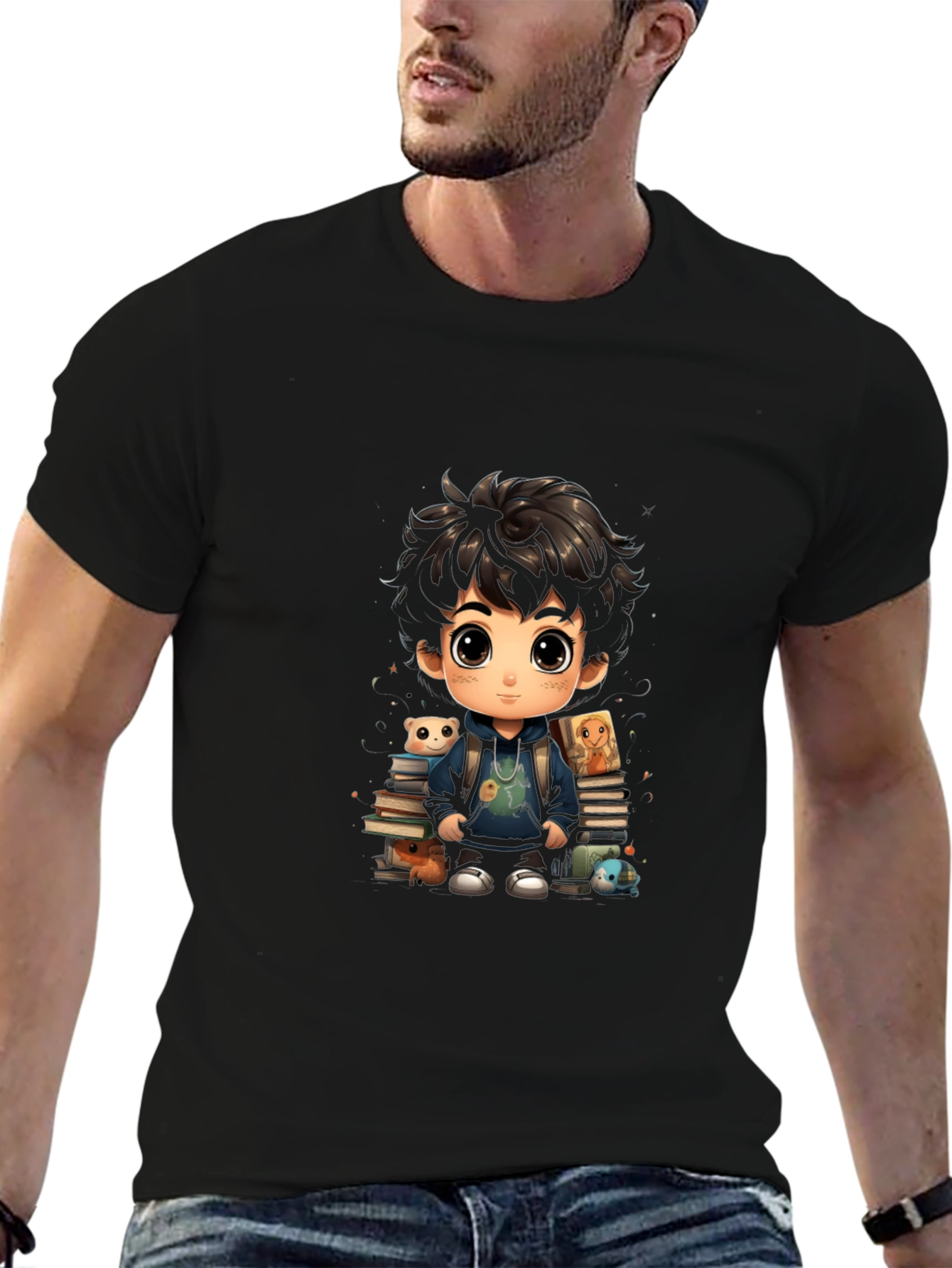 Cartoon Boy with Books Graphic Tee