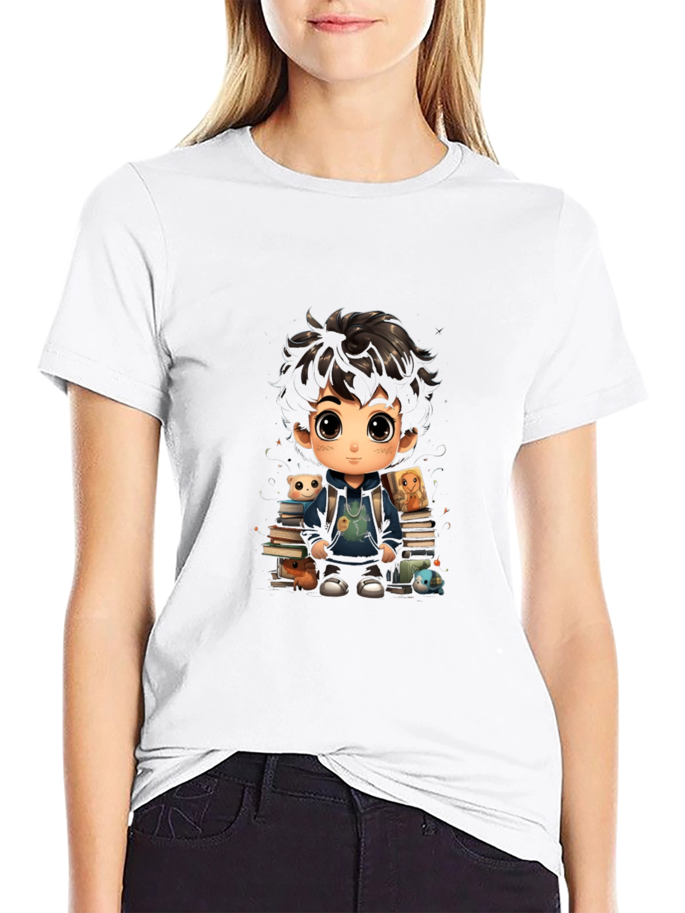 Cartoon Boy with Books Graphic Tee