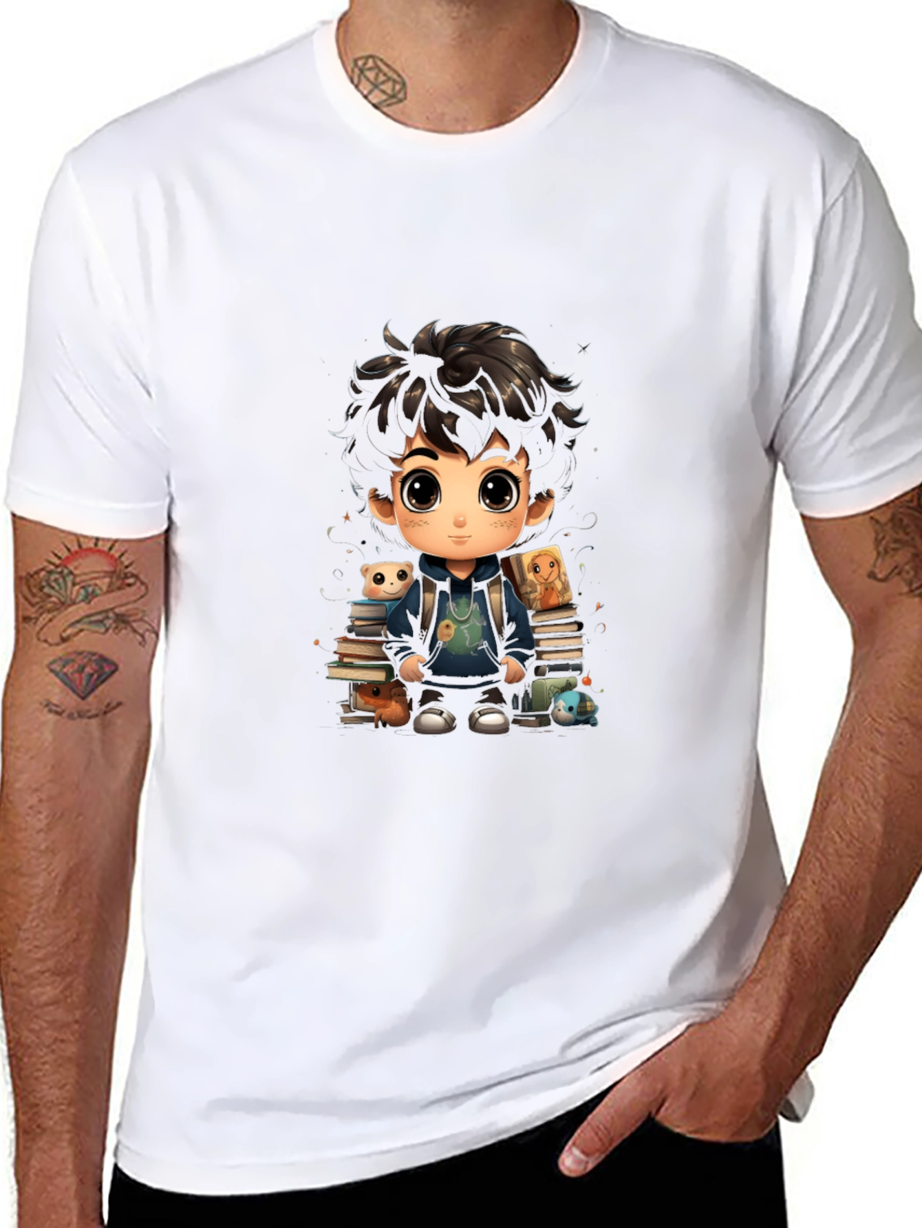 Cartoon Boy with Books Graphic Tee