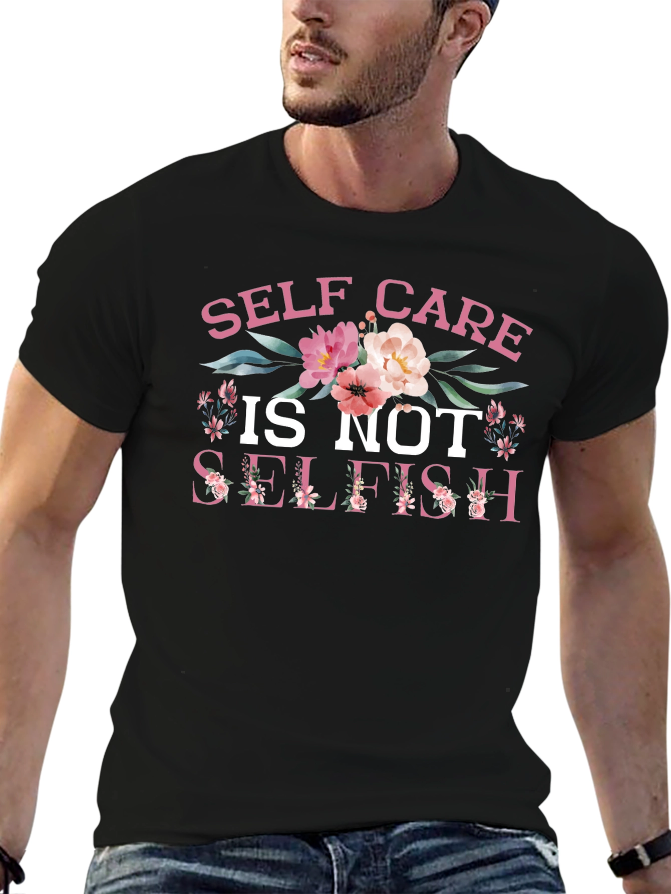 Self Care Floral Graphic Tee - Black