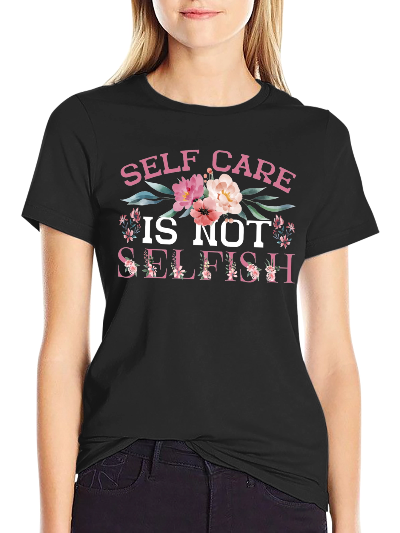 Self Care Floral Graphic Tee - Black