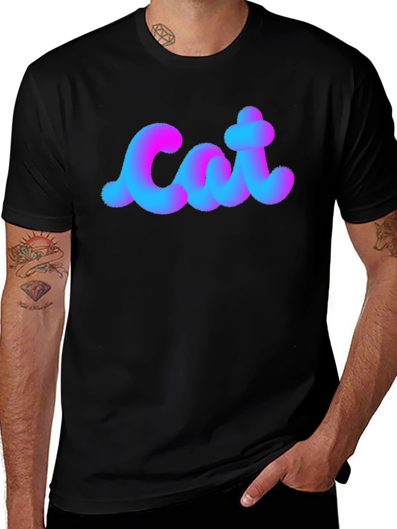 Cat Fuzzy Text Black Cotton T-Shirt