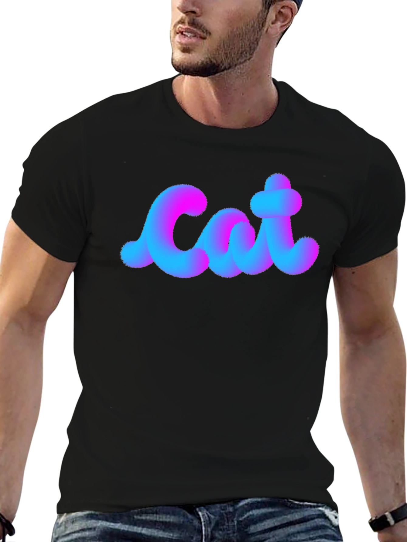 Cat Fuzzy Text Black Cotton T-Shirt