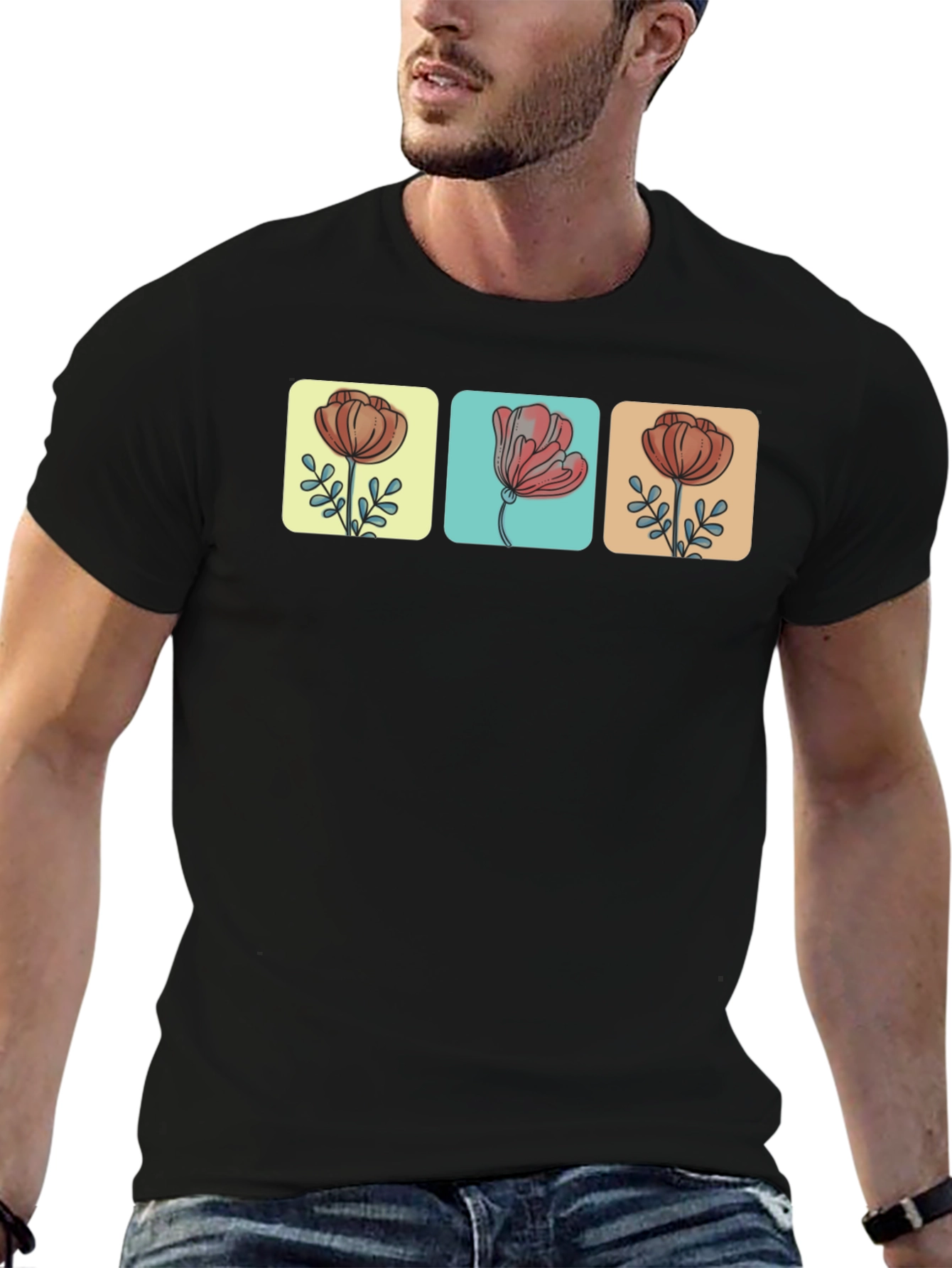 Floral Squares Black T-Shirt