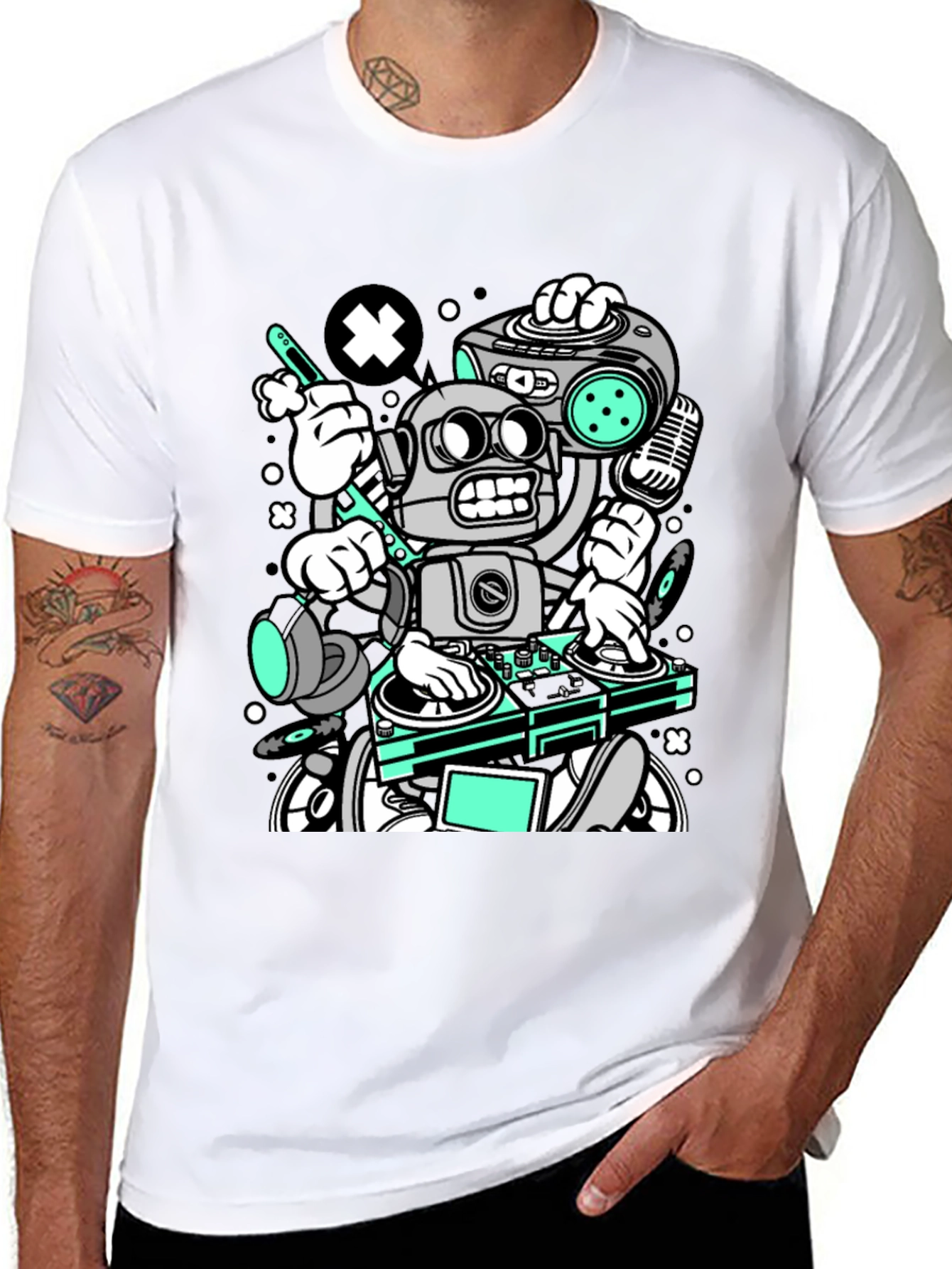 Robot DJ Graphic T-Shirt - Cool Cartoon Design