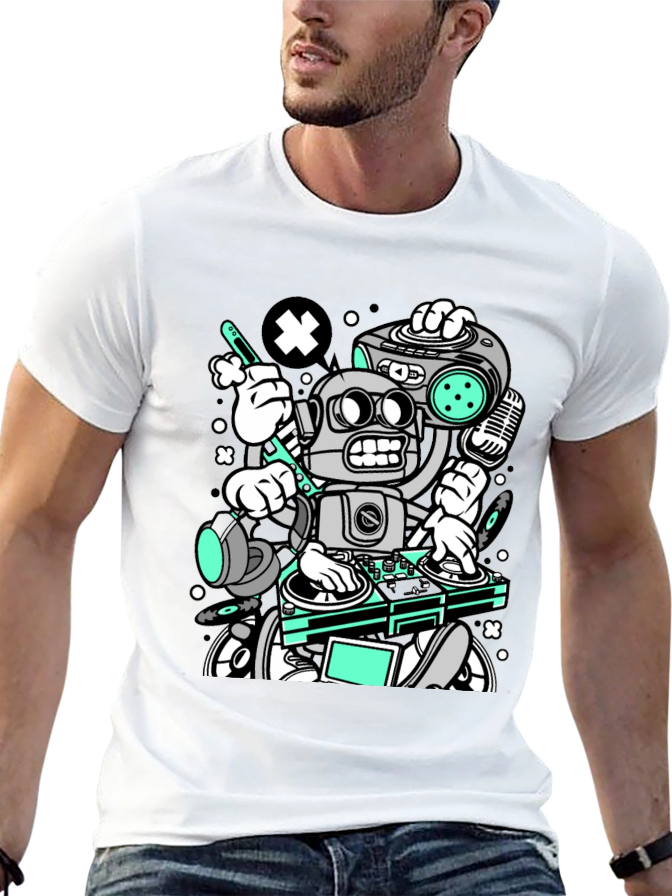 Robot DJ Graphic T-Shirt - Cool Cartoon Design
