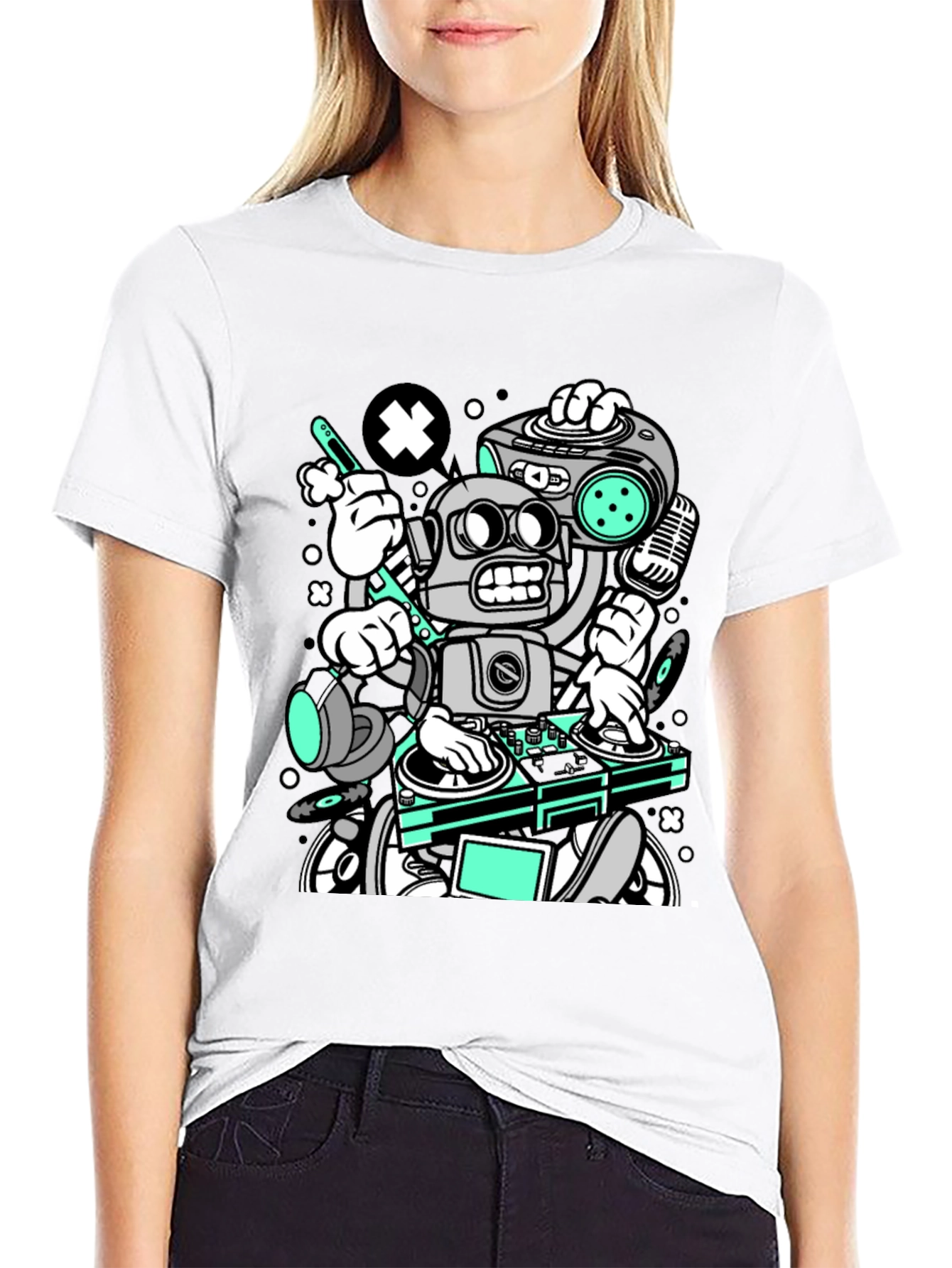 Robot DJ Graphic T-Shirt - Cool Cartoon Design