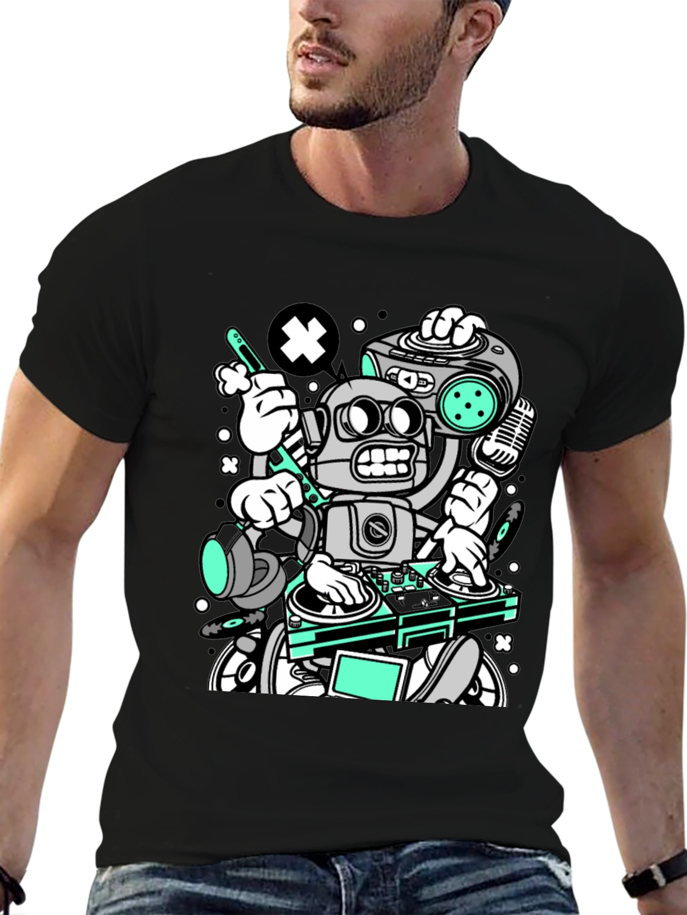 Robot DJ Graphic T-Shirt - Cool Cartoon Design