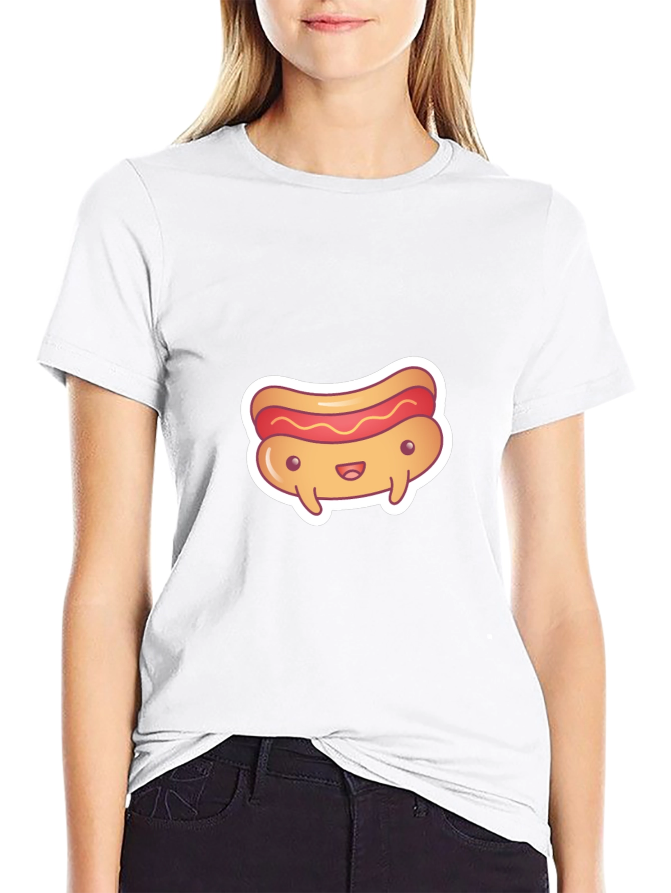 Cute Cartoon Hotdog Graphic Black T-Shirt