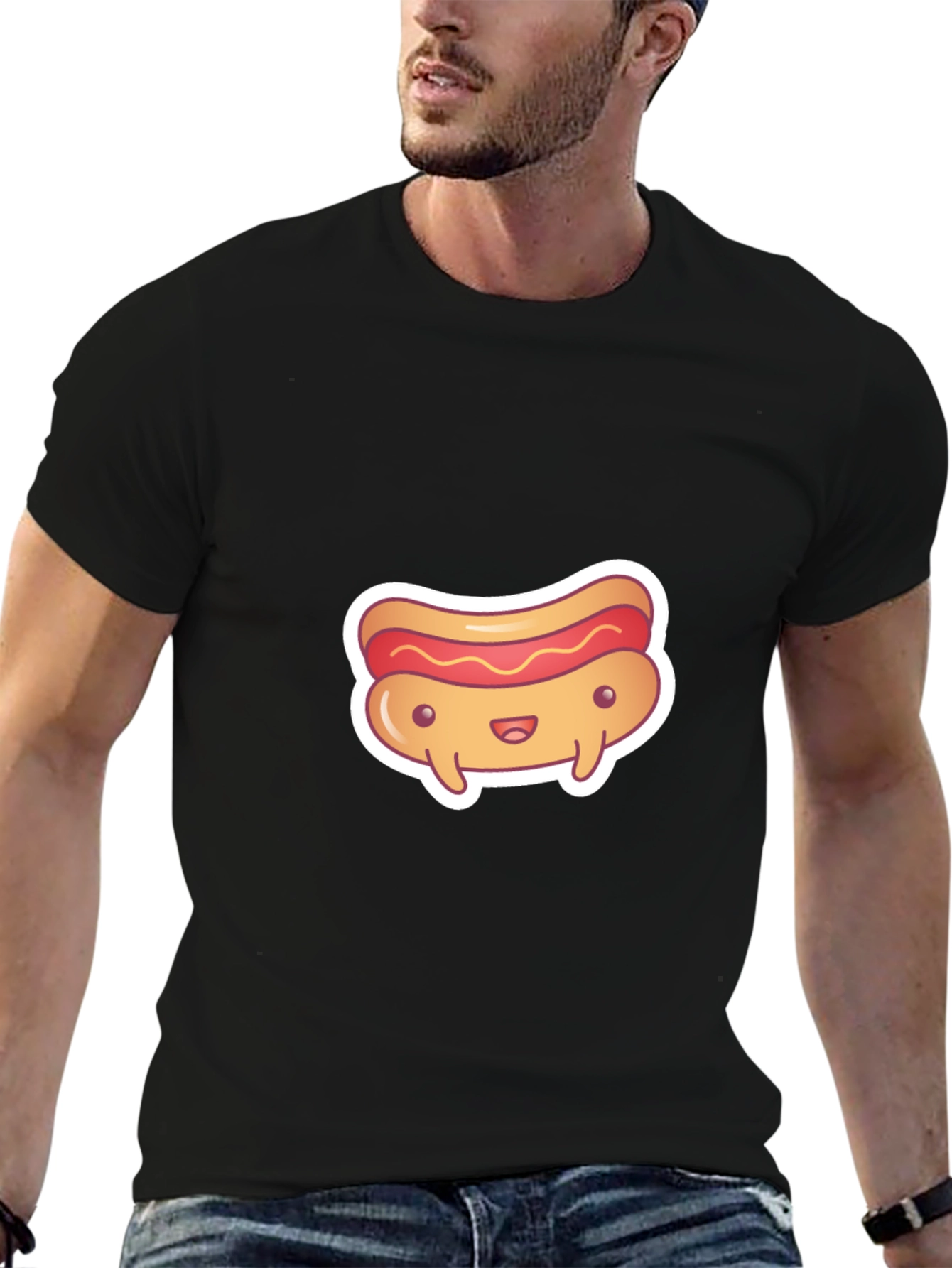 Cute Cartoon Hotdog Graphic Black T-Shirt