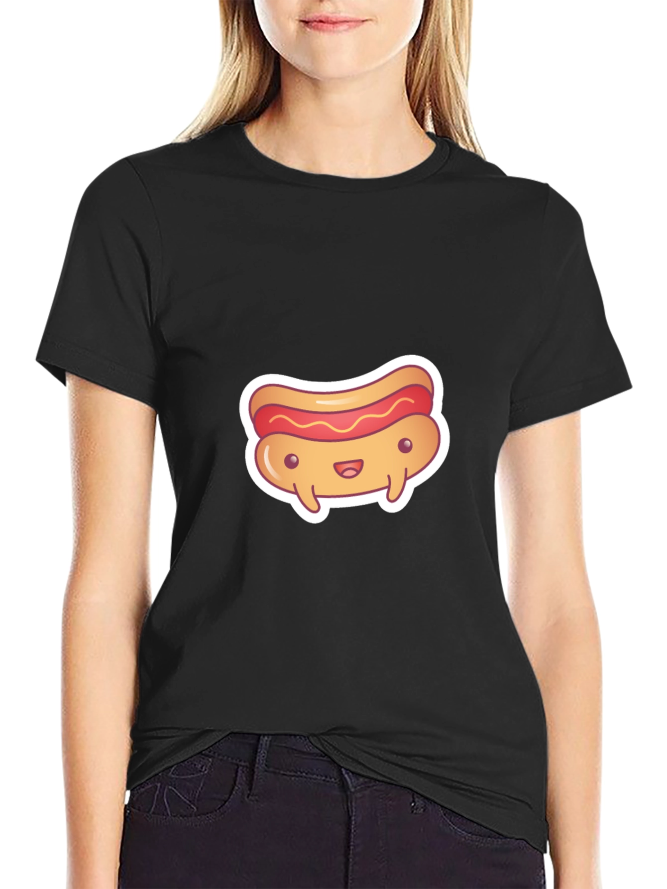 Cute Cartoon Hotdog Graphic Black T-Shirt