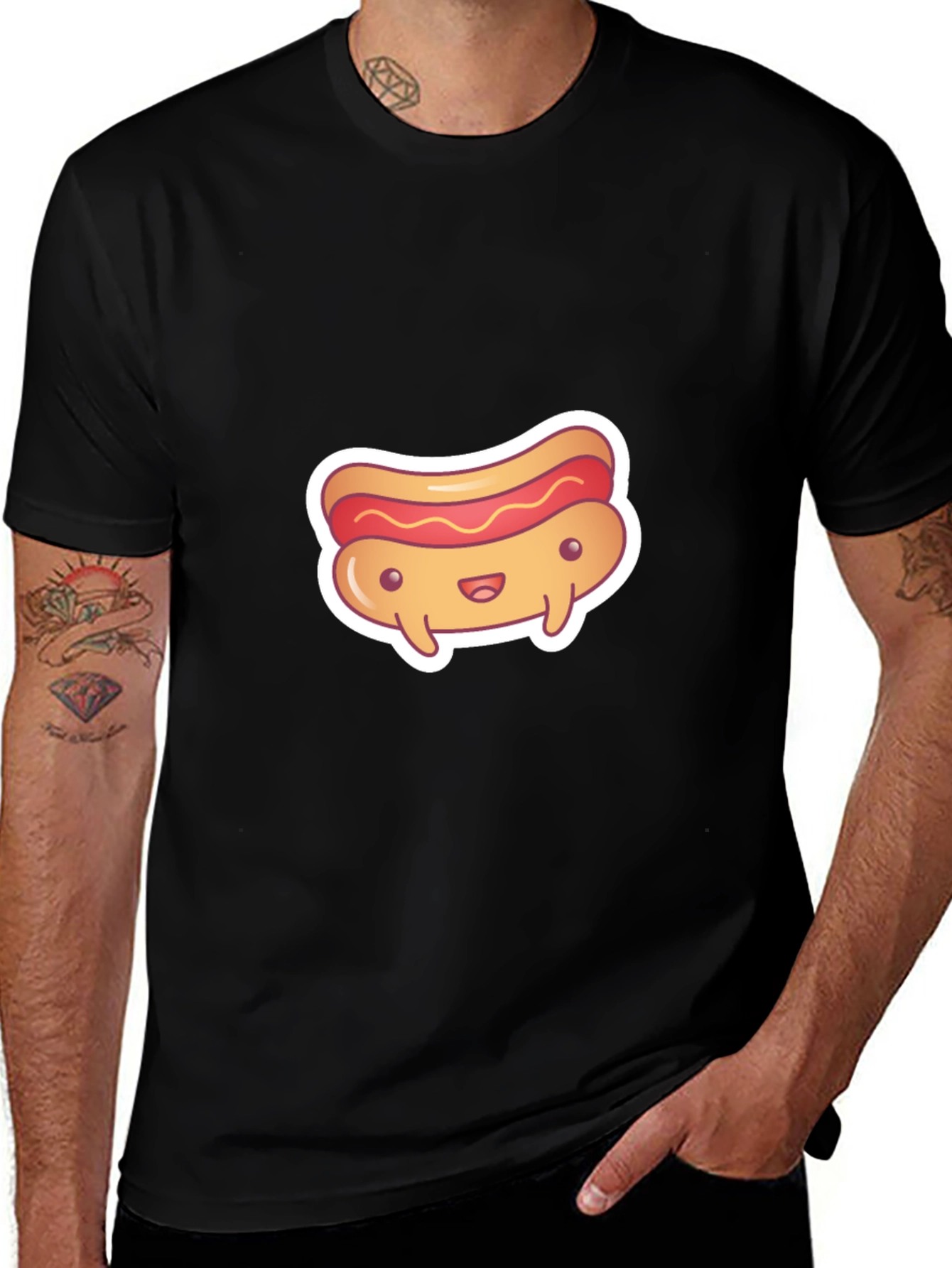 Cute Cartoon Hotdog Graphic Black T-Shirt