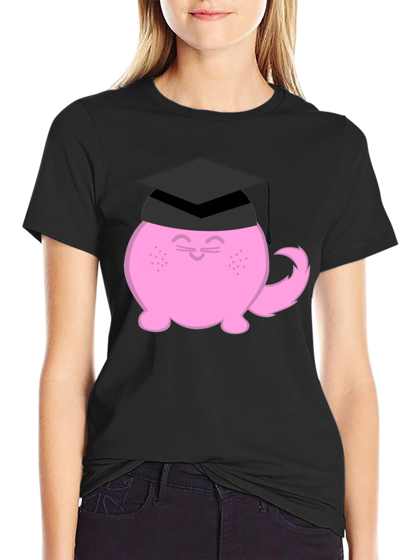 Graduation Cat Graphic T-Shirt - Black