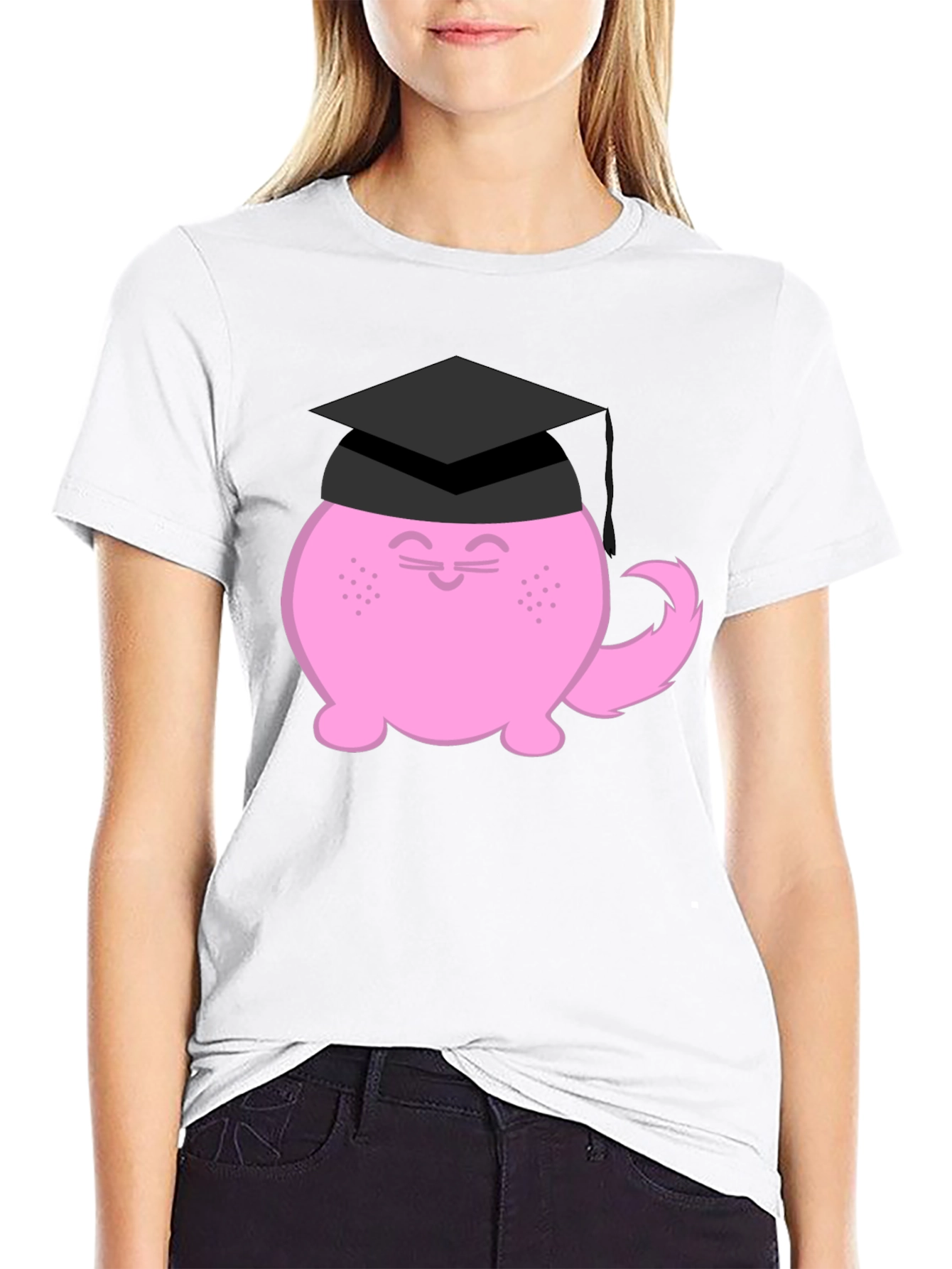 Graduation Cat Graphic T-Shirt - Black