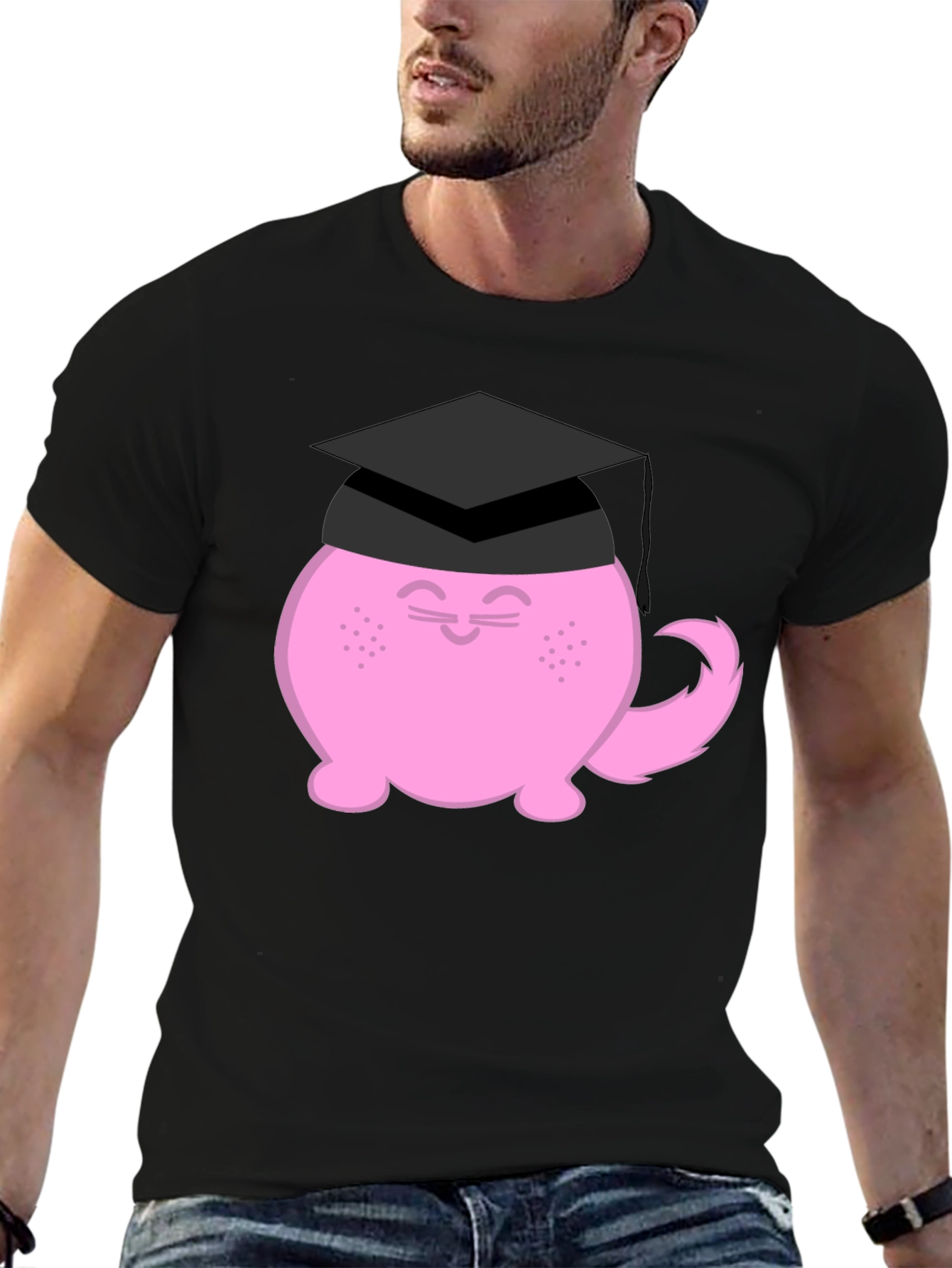 Graduation Cat Graphic T-Shirt - Black