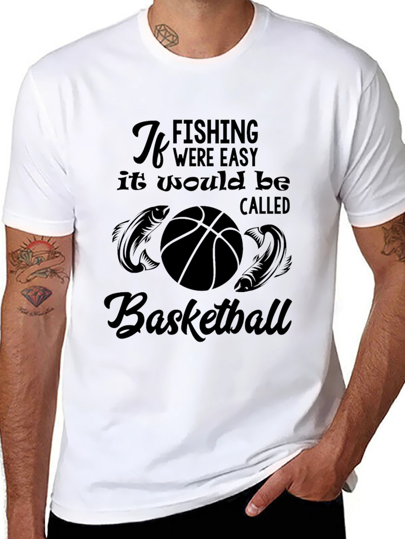Funny Fishing & Basketball Graphic T-Shirt